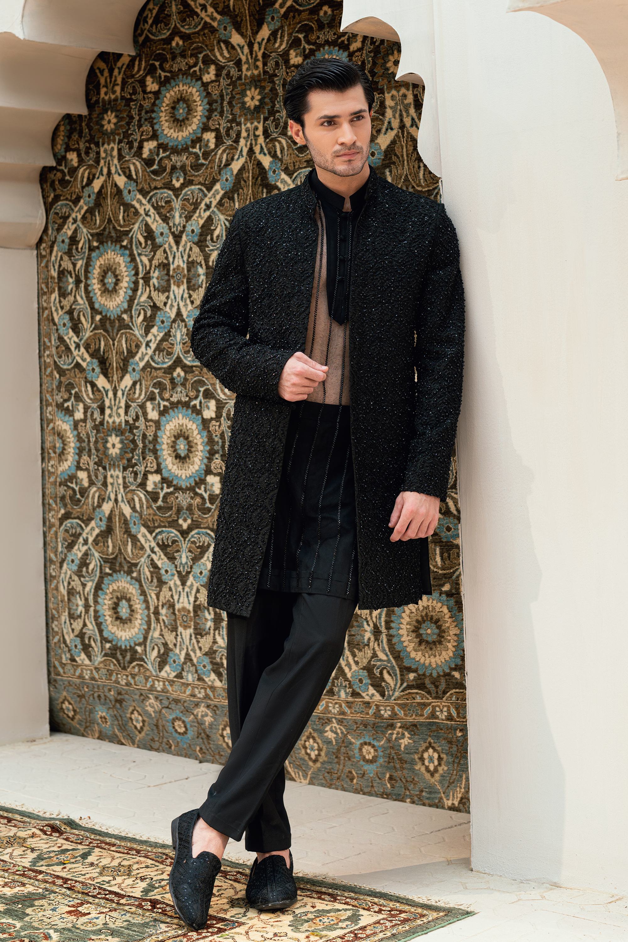 ER - 111 Black Sherwani with exquisite Ash Grey Handcrafted Detailing