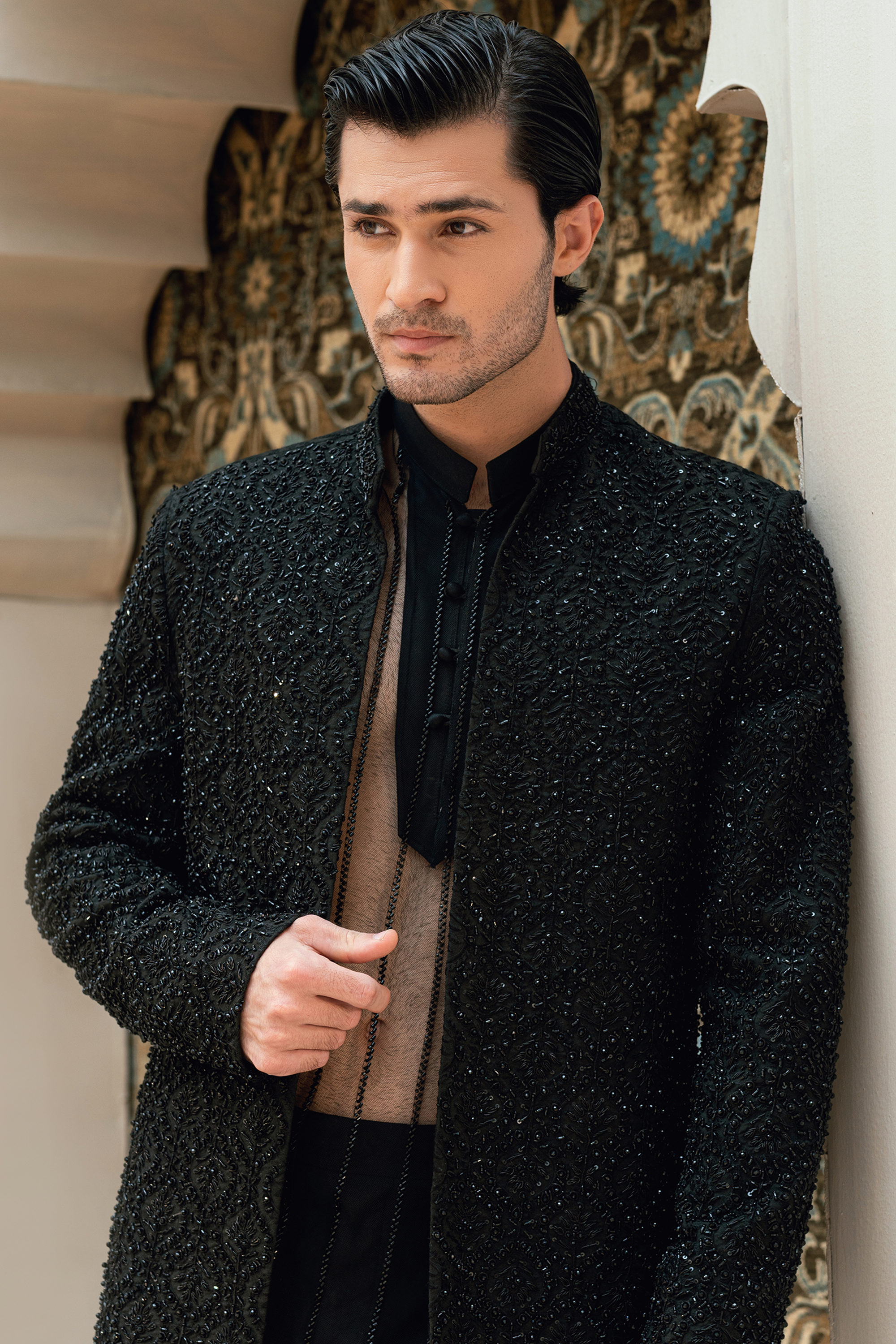 ER - 111 Black Sherwani with exquisite Ash Grey Handcrafted Detailing