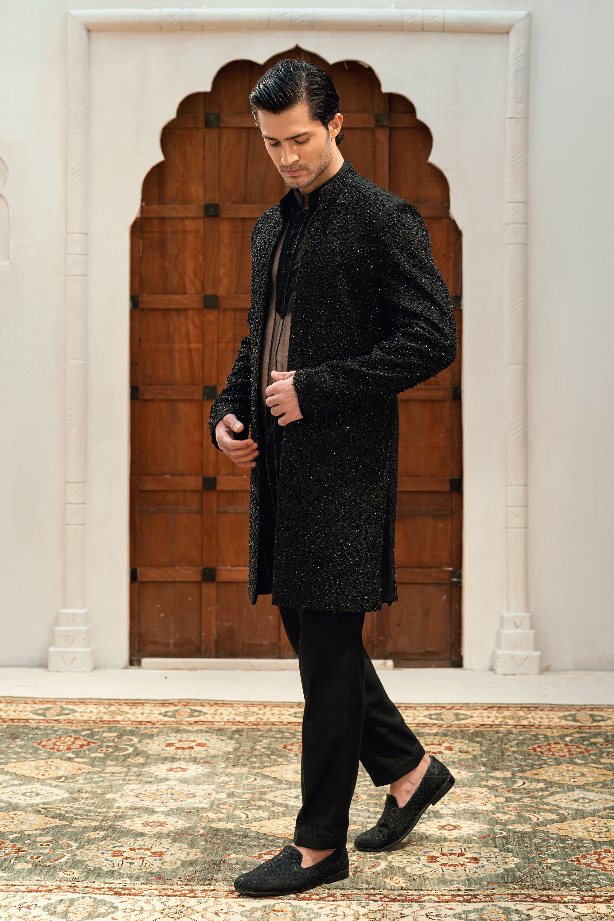 ER - 111 Black Sherwani with exquisite Ash Grey Handcrafted Detailing