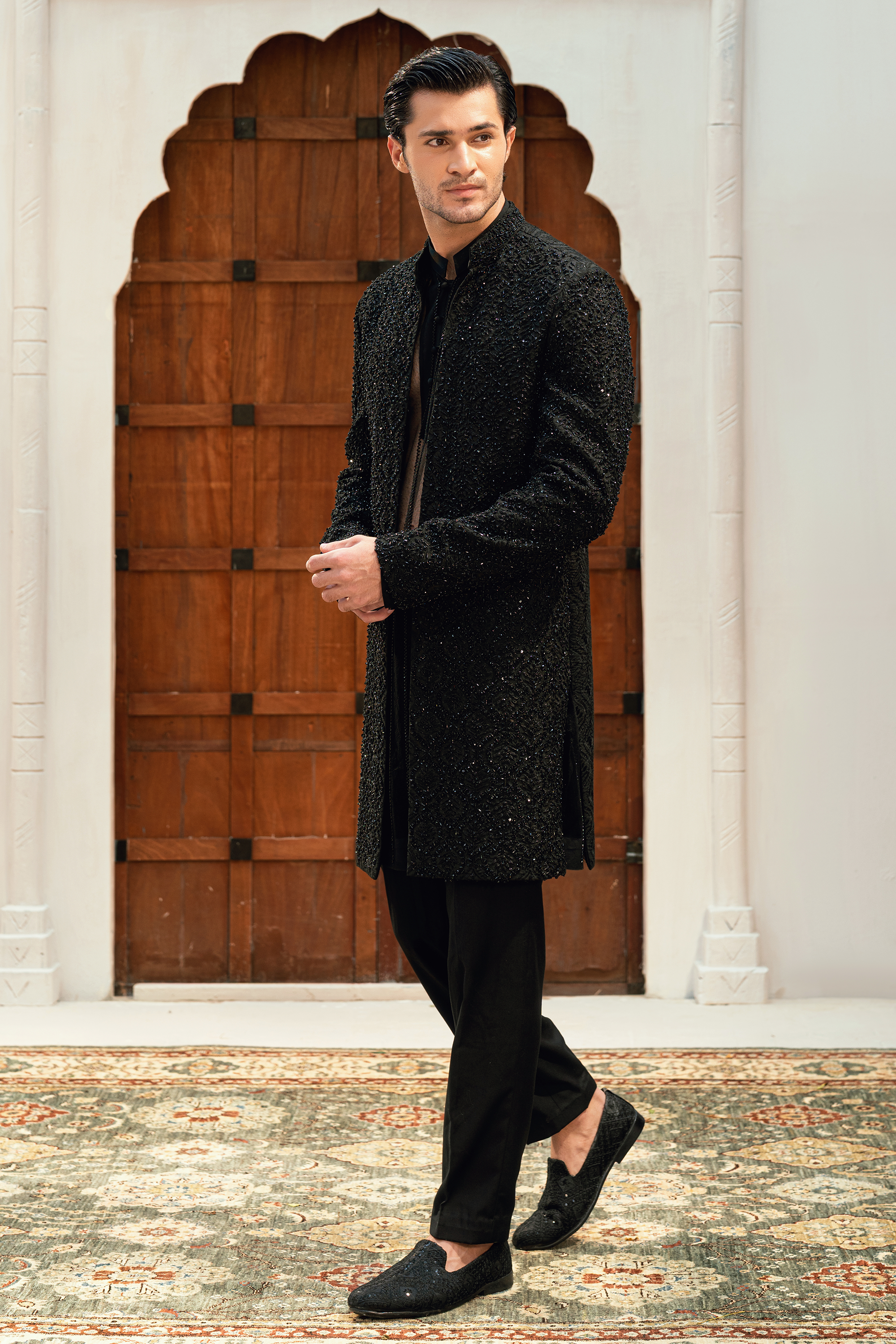ER - 111 Black Sherwani with exquisite Ash Grey Handcrafted Detailing