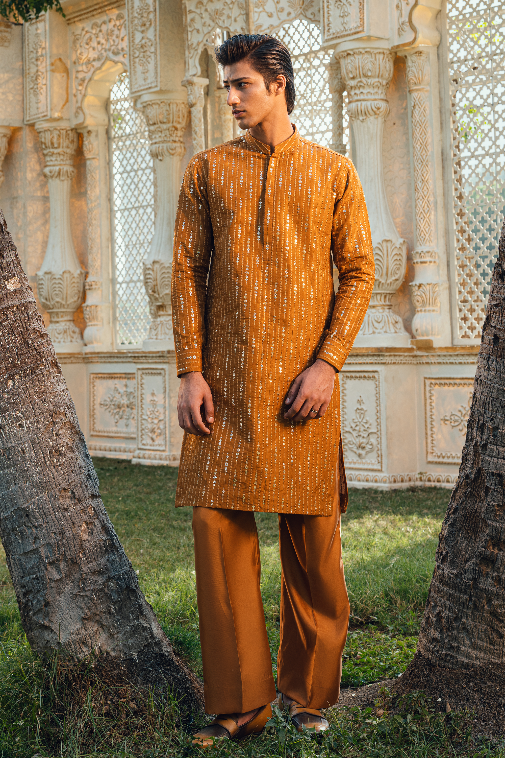Ochre Mustard & Flaxen Gold Tropical Silk Embroidered Kurta Pajama Set