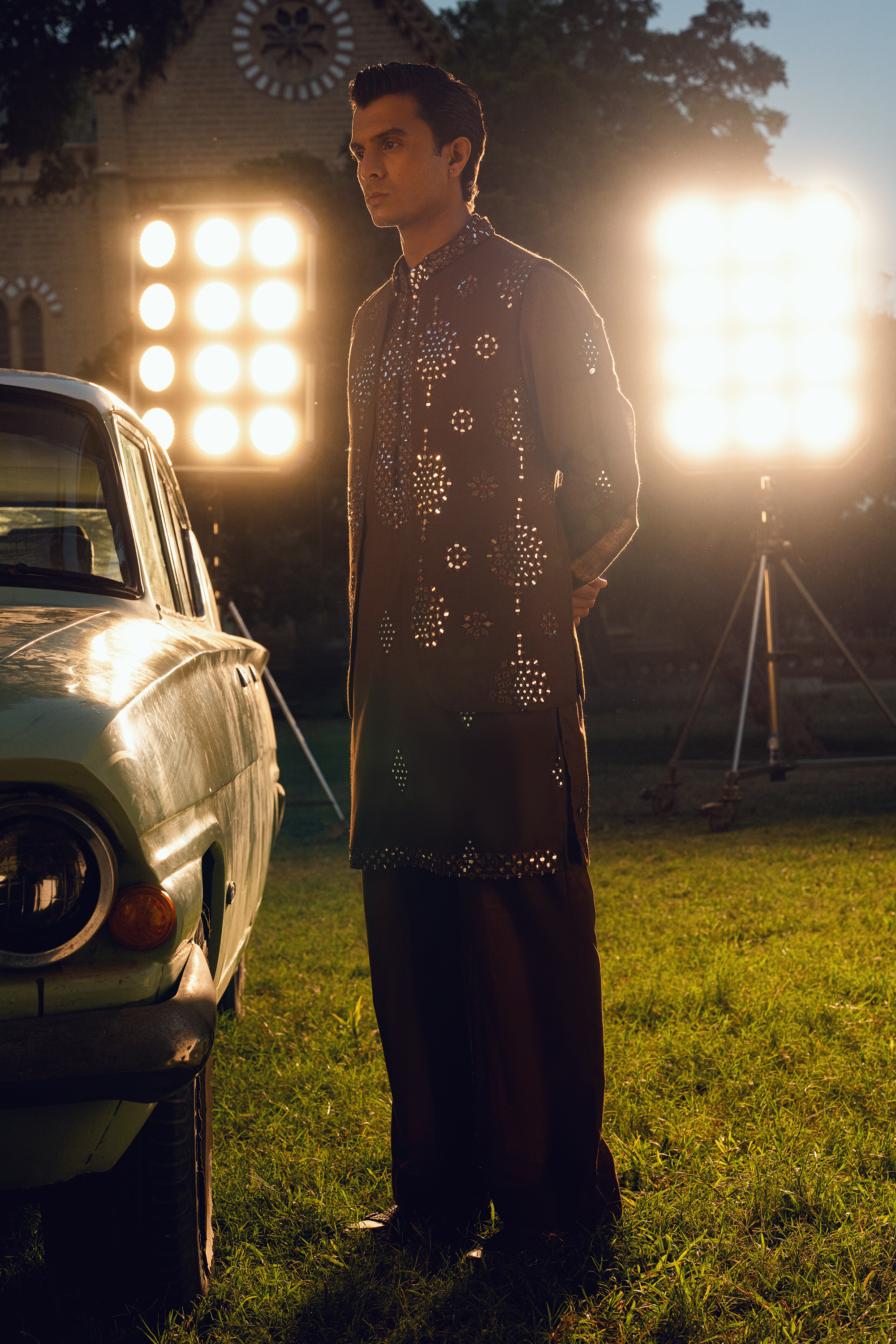 Dark Brown Embroidered Open Waistcoat Set