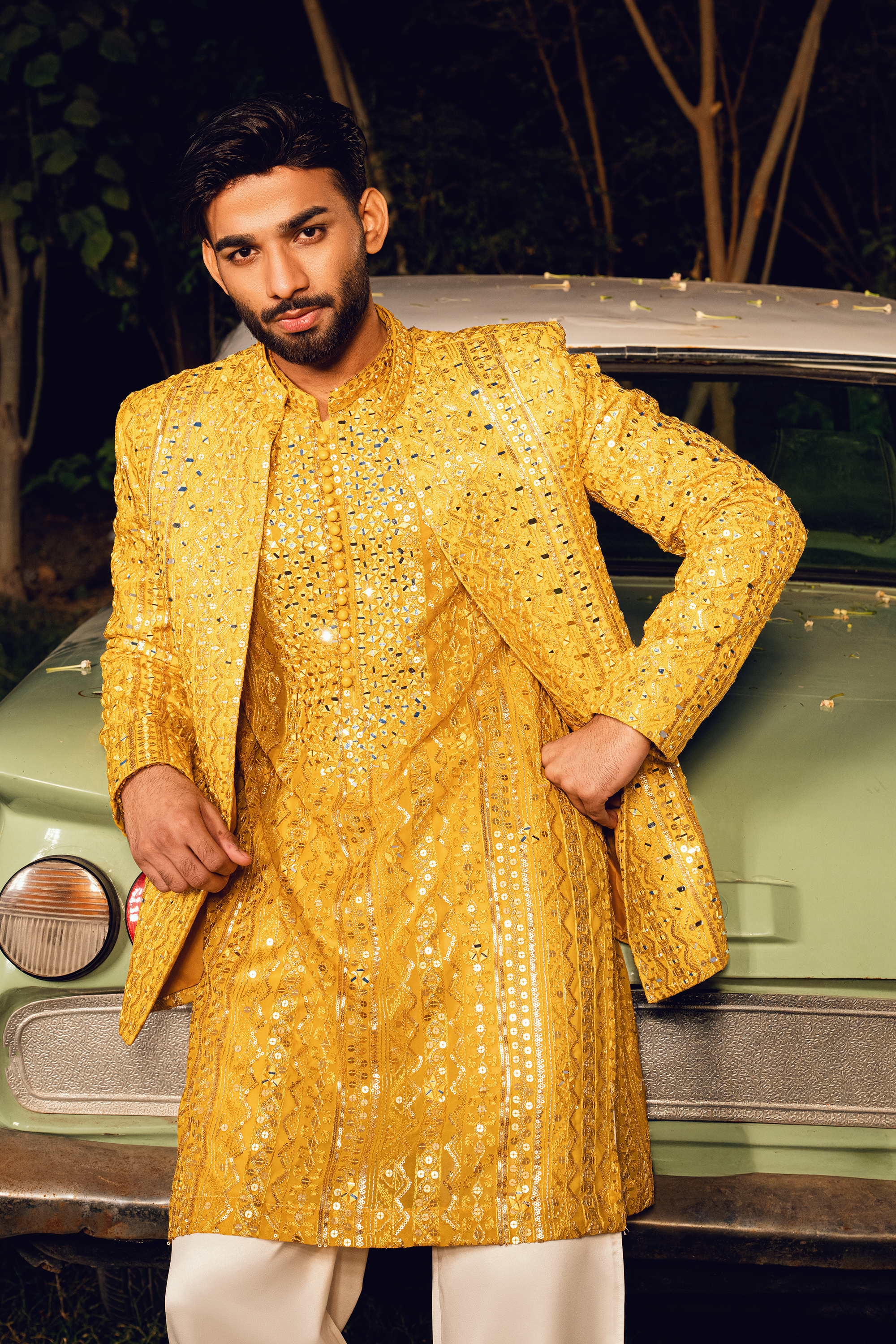 Lemon Gold Embroidered Open Prince Coat Set