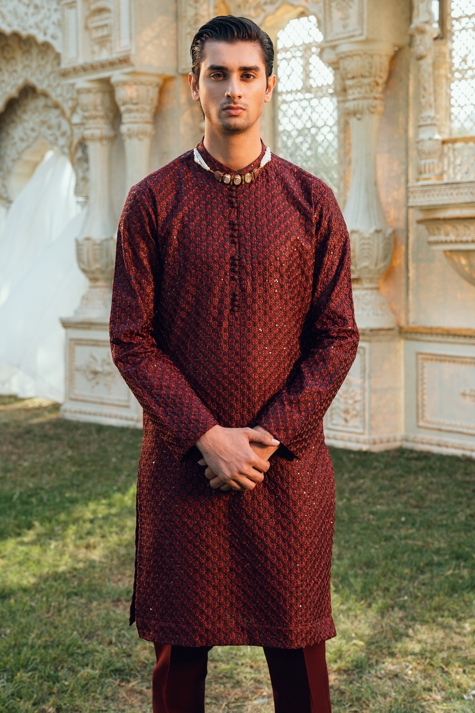 Royal Maroon Tropical Silk Embroidered Kurta Pajama Set