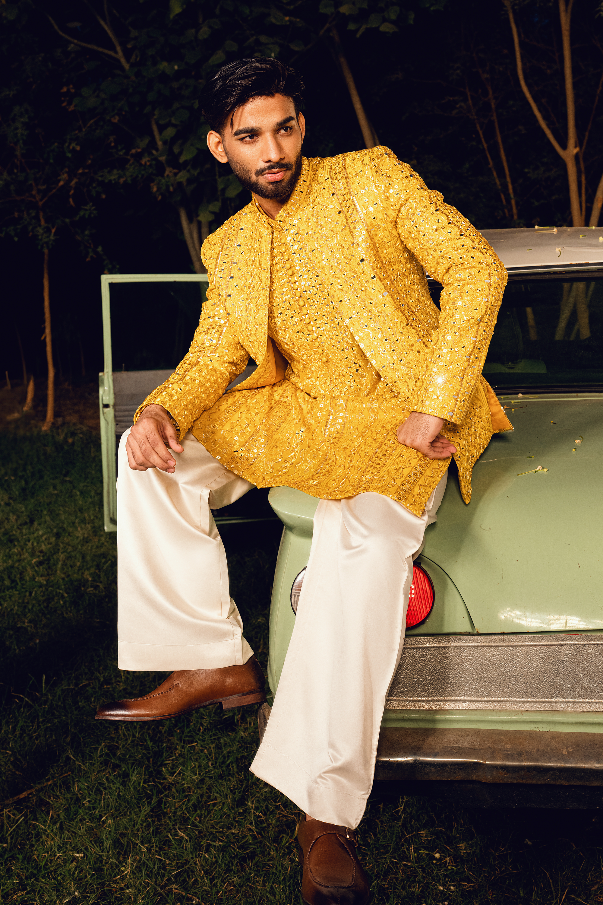 Lemon Gold Embroidered Open Prince Coat Set