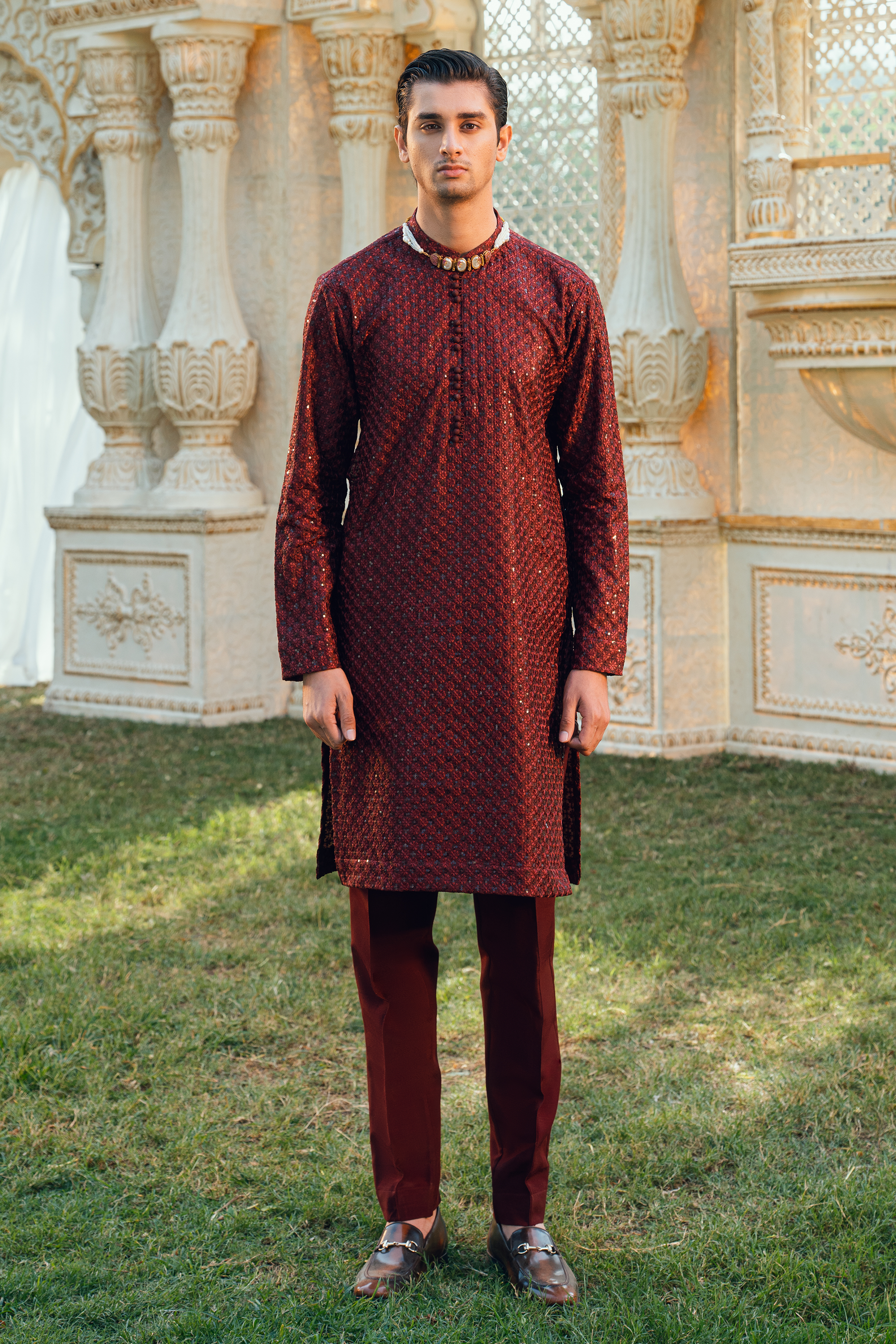 Royal Maroon Tropical Silk Embroidered Kurta Pajama Set