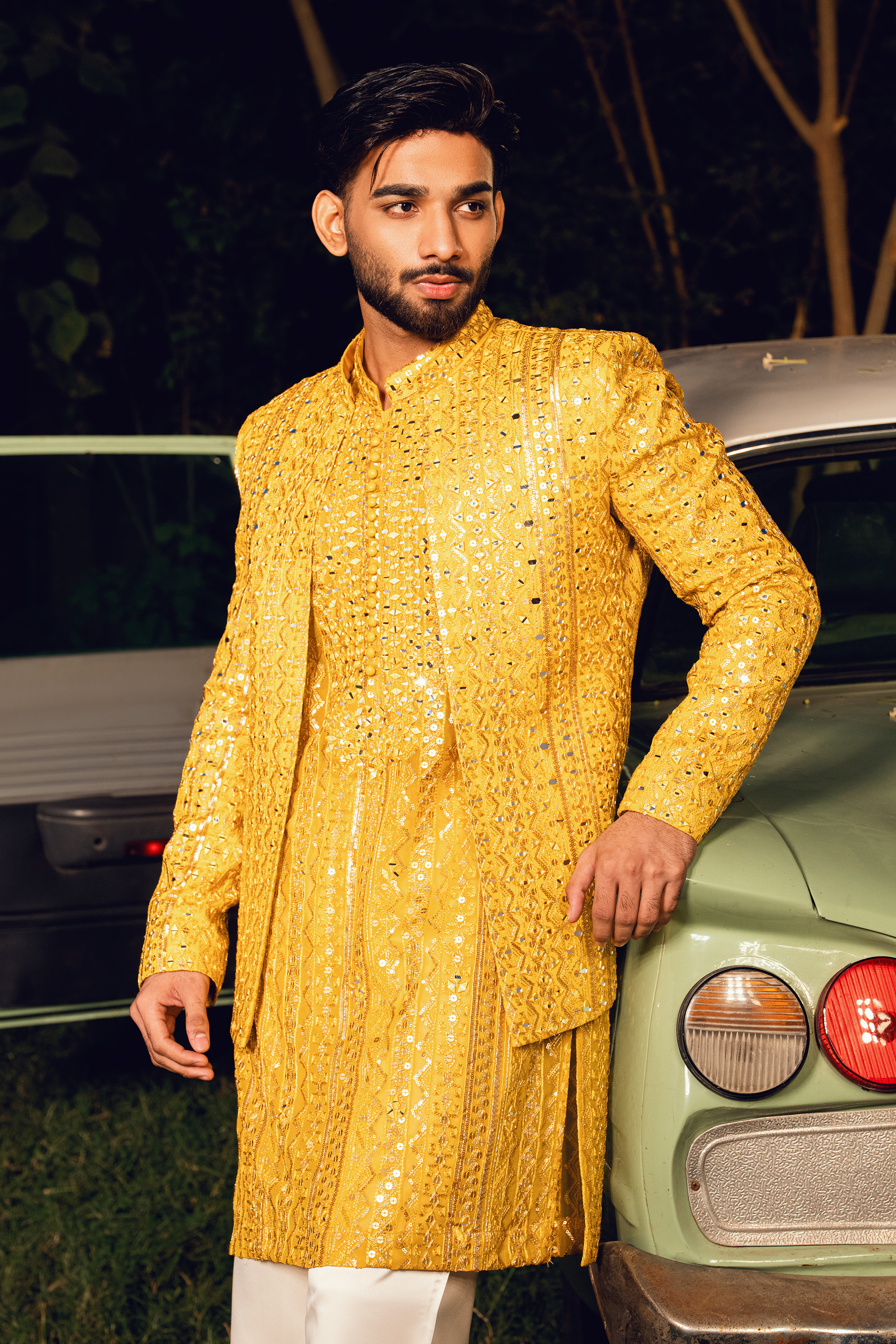 Lemon Gold Embroidered Open Prince Coat Set