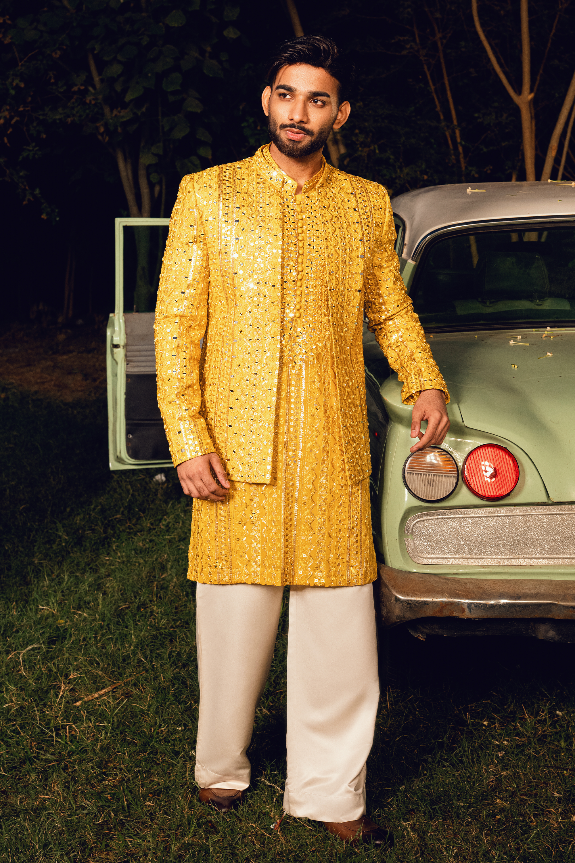 Lemon Gold Embroidered Open Prince Coat Set