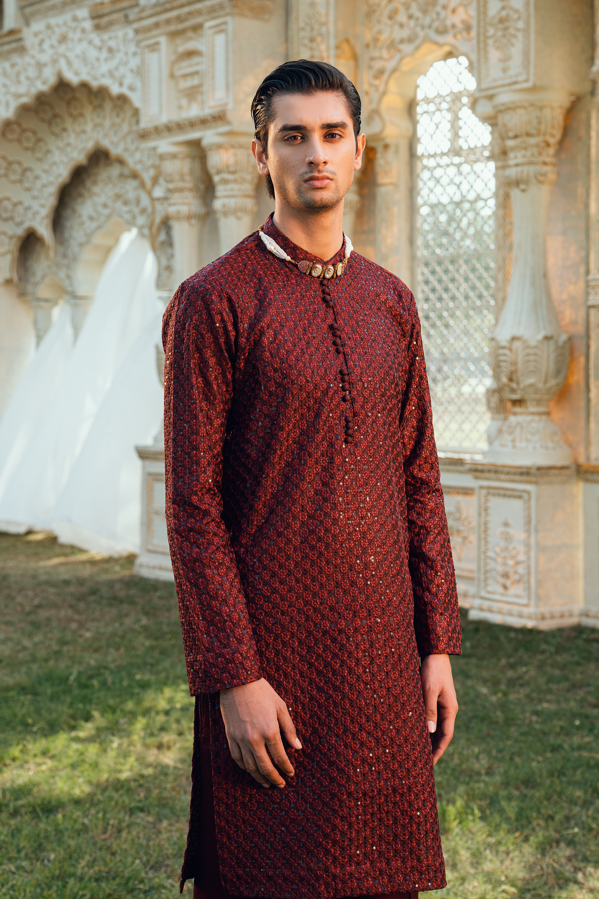 Royal Maroon Tropical Silk Embroidered Kurta Pajama Set
