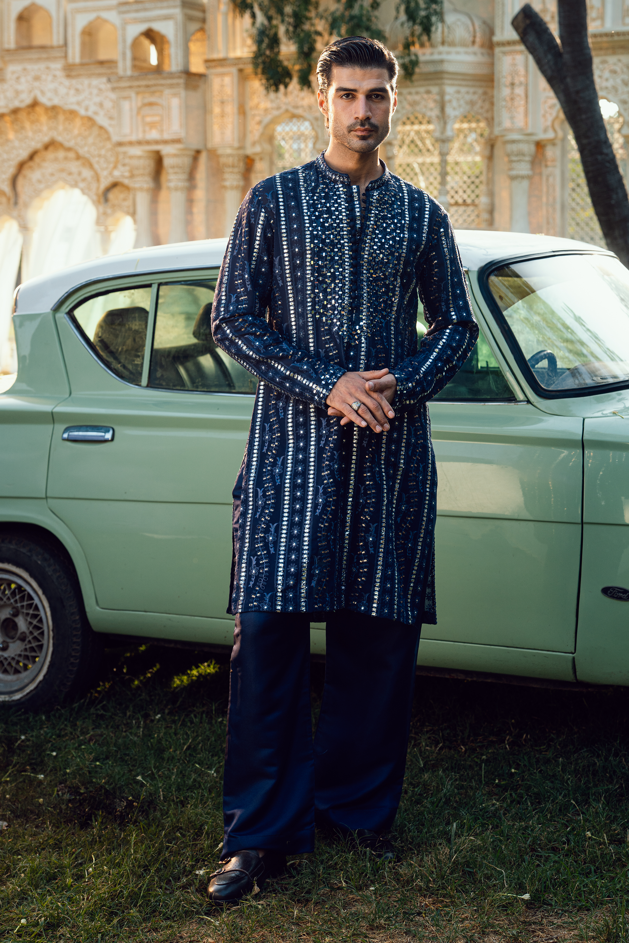 Sapphire Blue Embroidered Open Prince Coat Set