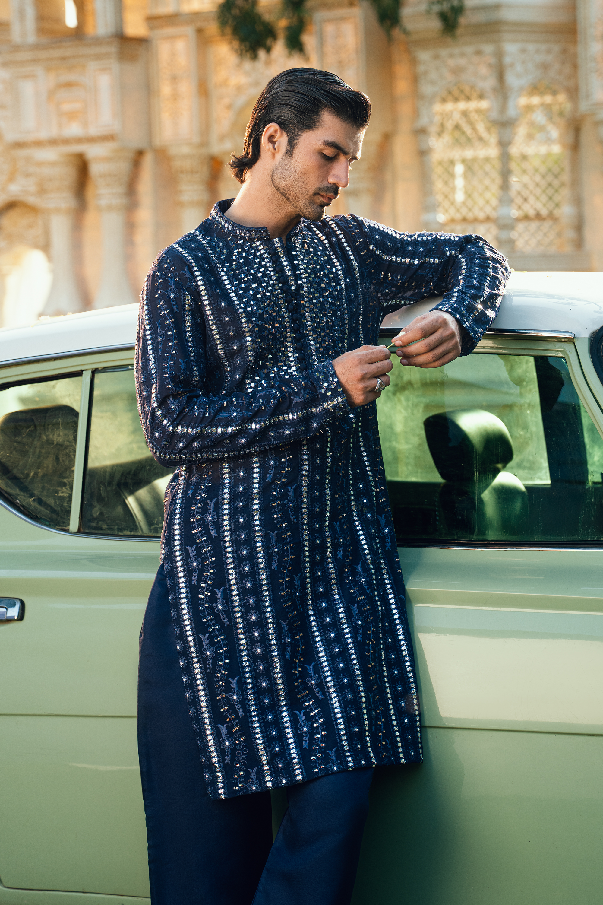 Sapphire Blue Embroidered Open Prince Coat Set