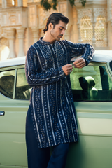 Sapphire Blue Embroidered Open Prince Coat Set