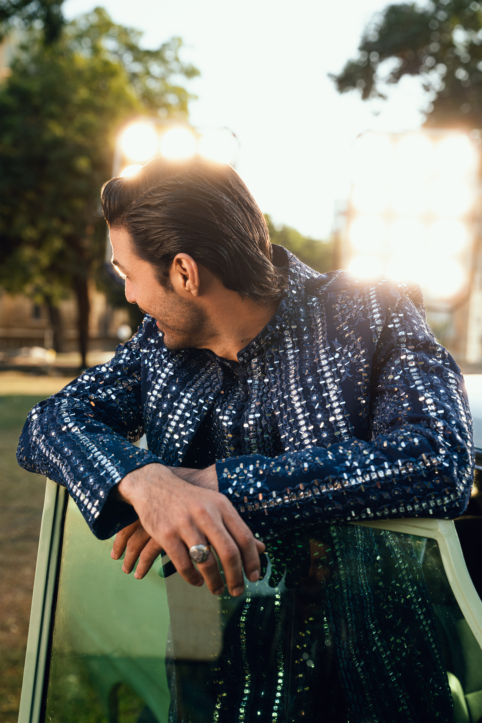 Sapphire Blue Embroidered Open Prince Coat Set