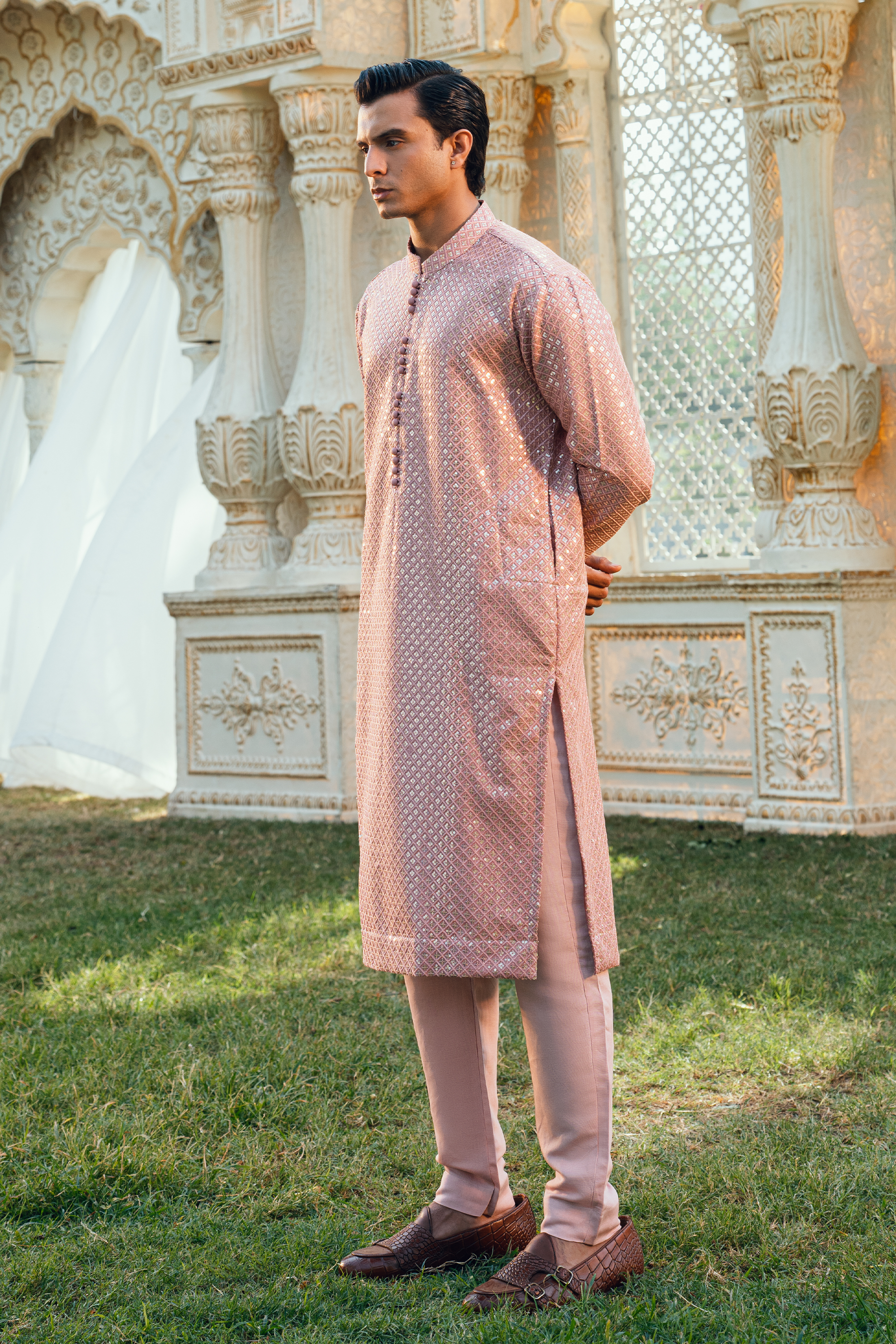 Rose Gold Tropical Silk Embroidered Kurta Pajama Set