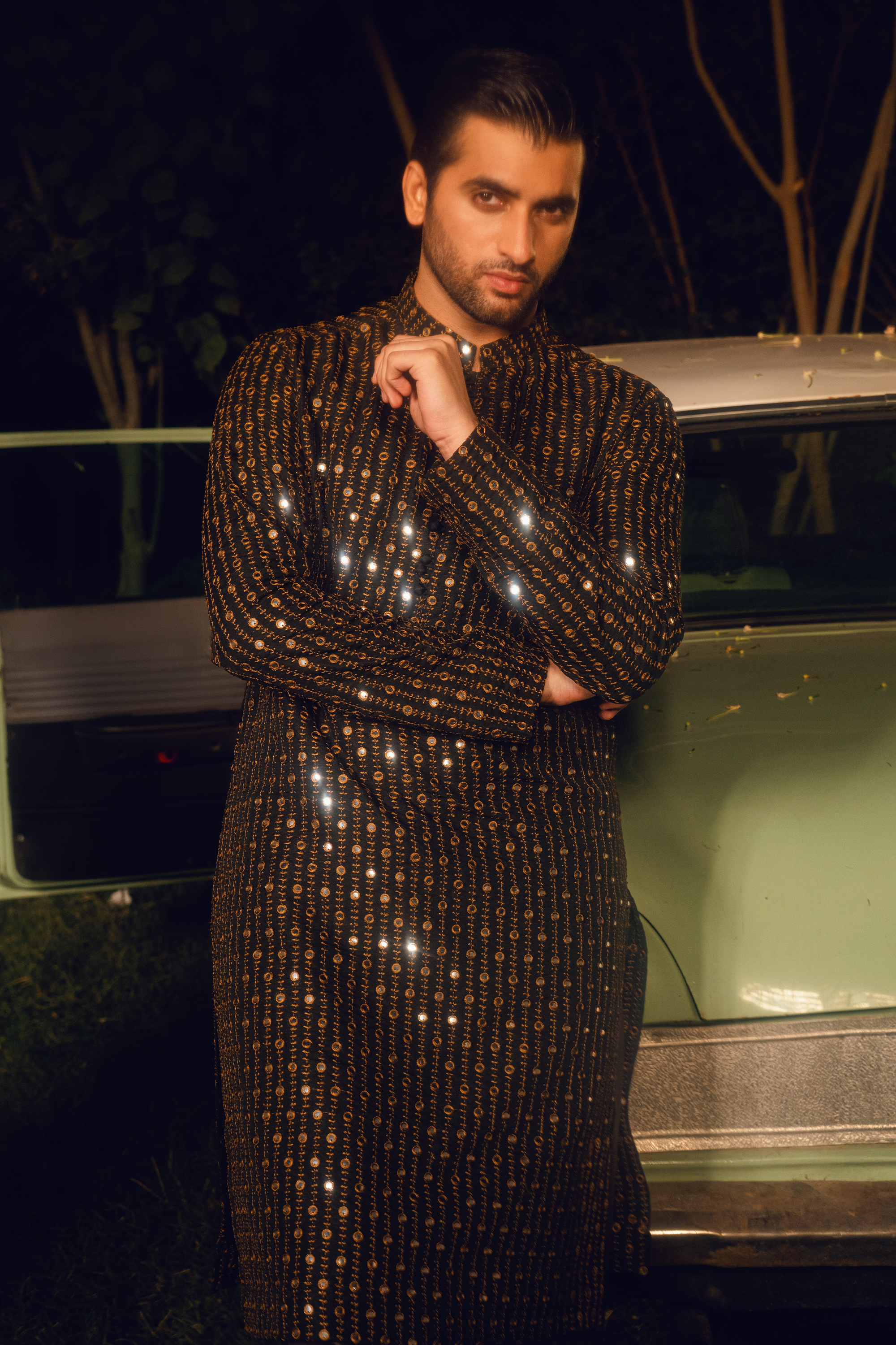 Dark Brown Tropical Silk Embroidered Kurta Farshi Shalwar Set