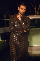 Dark Brown Tropical Silk Embroidered Kurta Farshi Shalwar Set