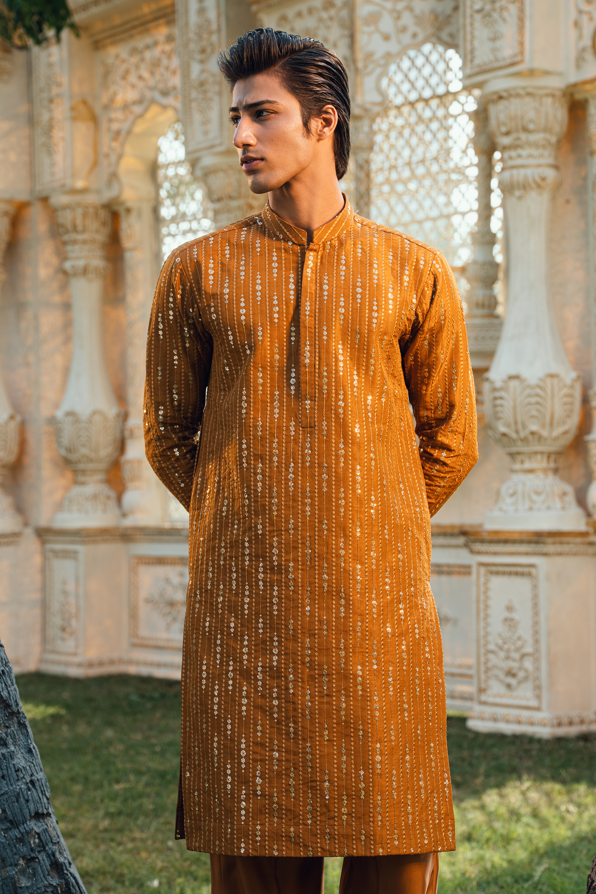 Ochre Mustard & Flaxen Gold Tropical Silk Embroidered Kurta Pajama Set