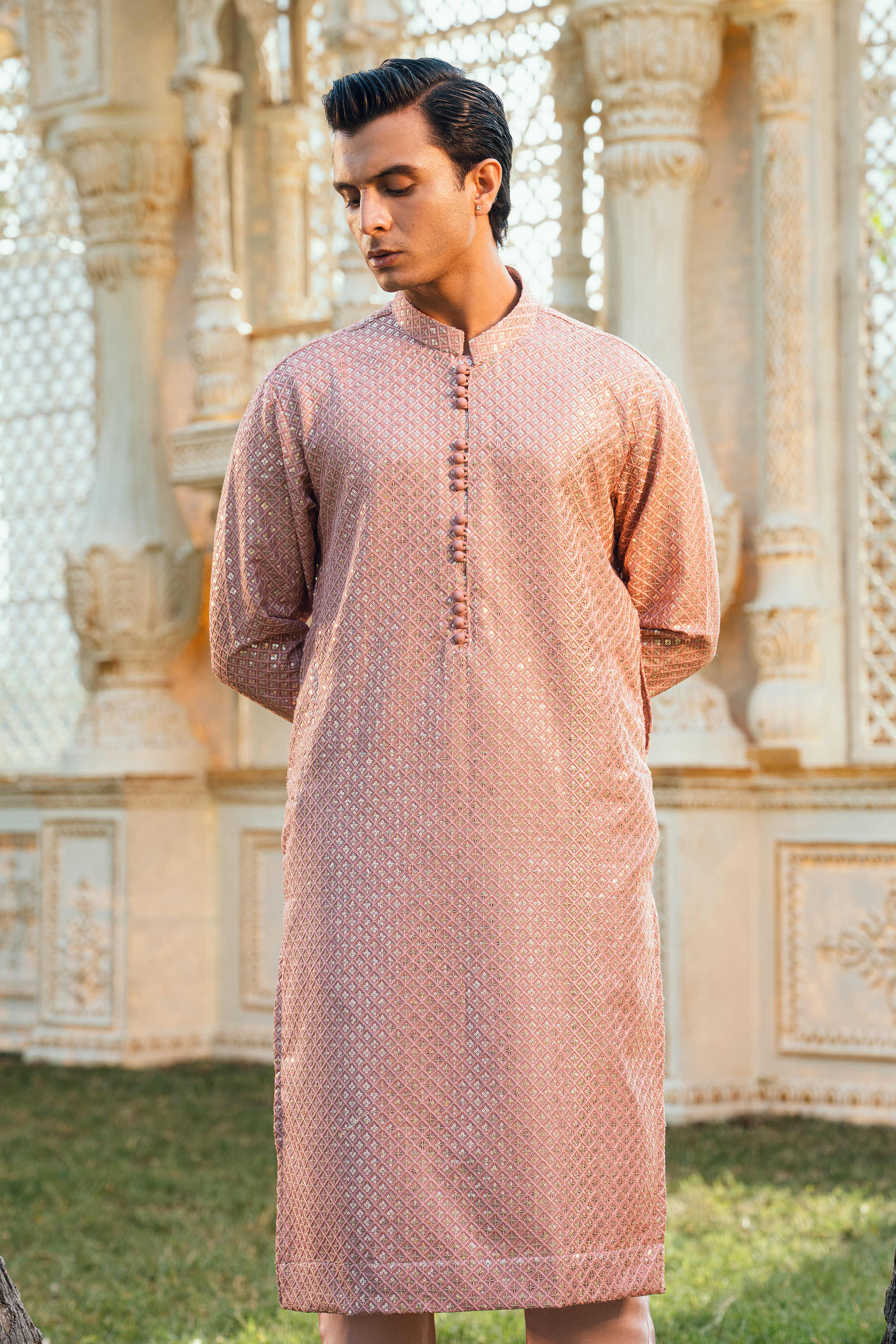 Rose Gold Tropical Silk Embroidered Kurta Pajama Set
