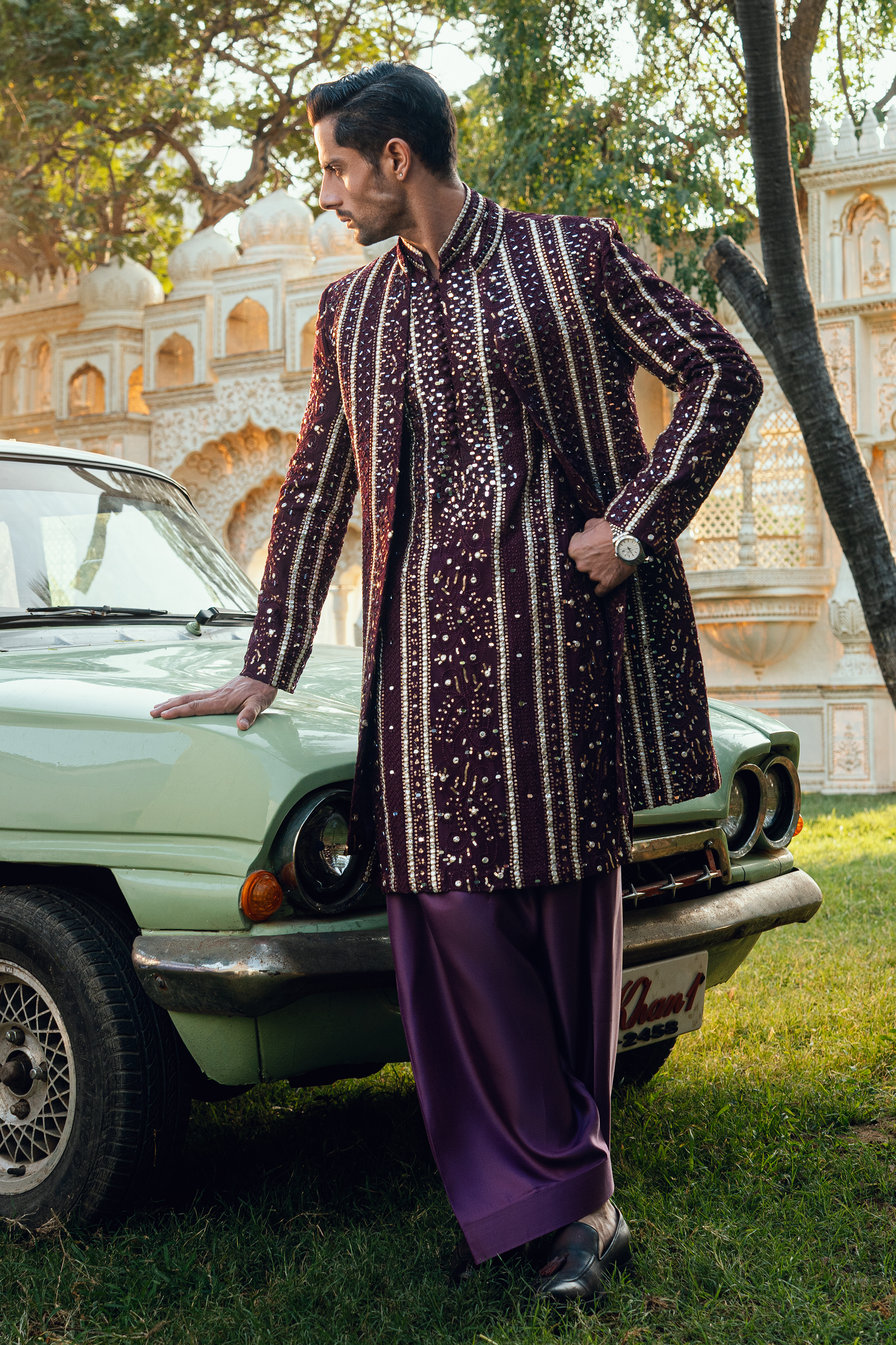 ER - 115 Dark Burgundy Embroidered Open Sherwani Set