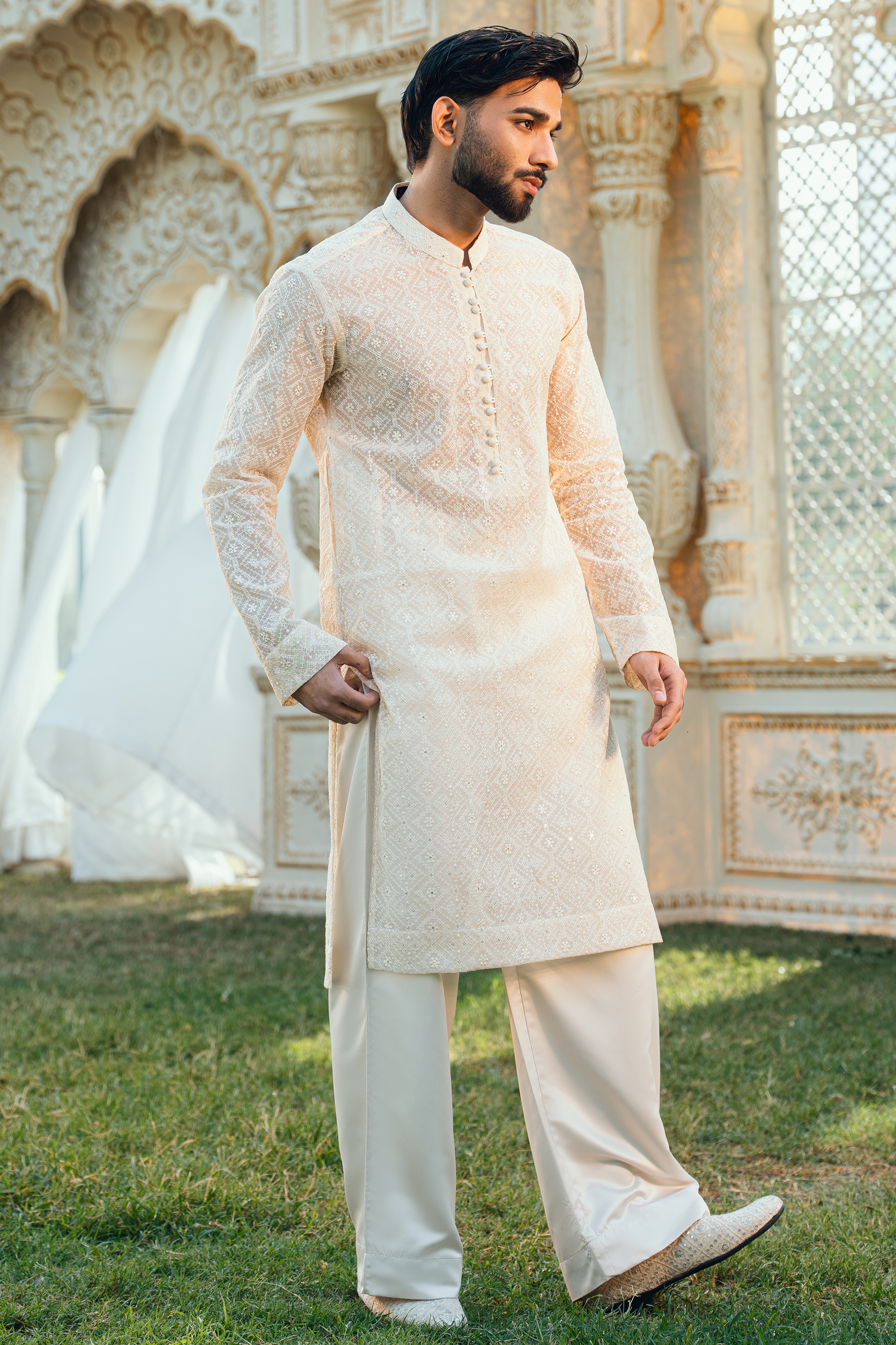 Pearl White & Sage Green Silk Embroidered Kurta Pajama Set