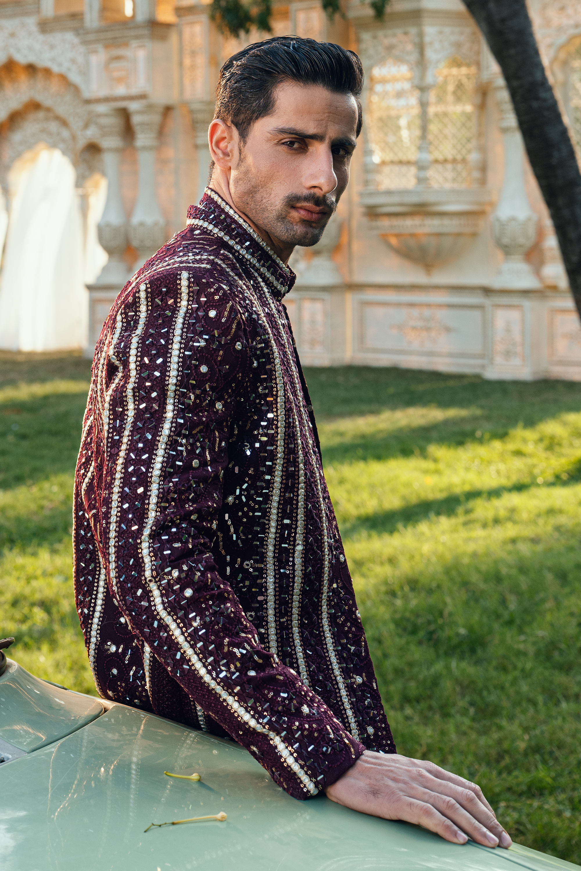 ER - 115 Dark Burgundy Embroidered Open Sherwani Set