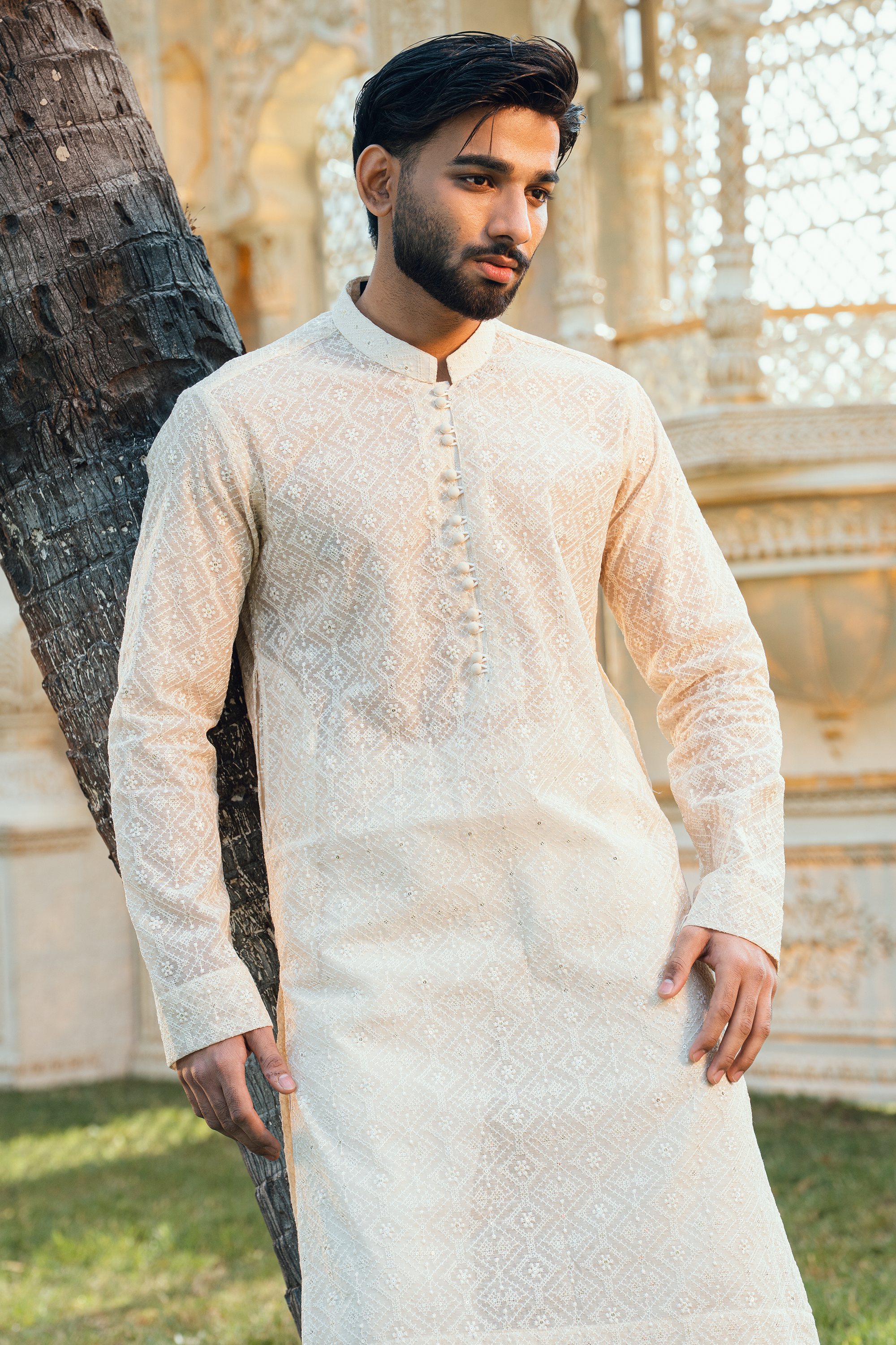 Pearl White & Sage Green Silk Embroidered Kurta Pajama Set