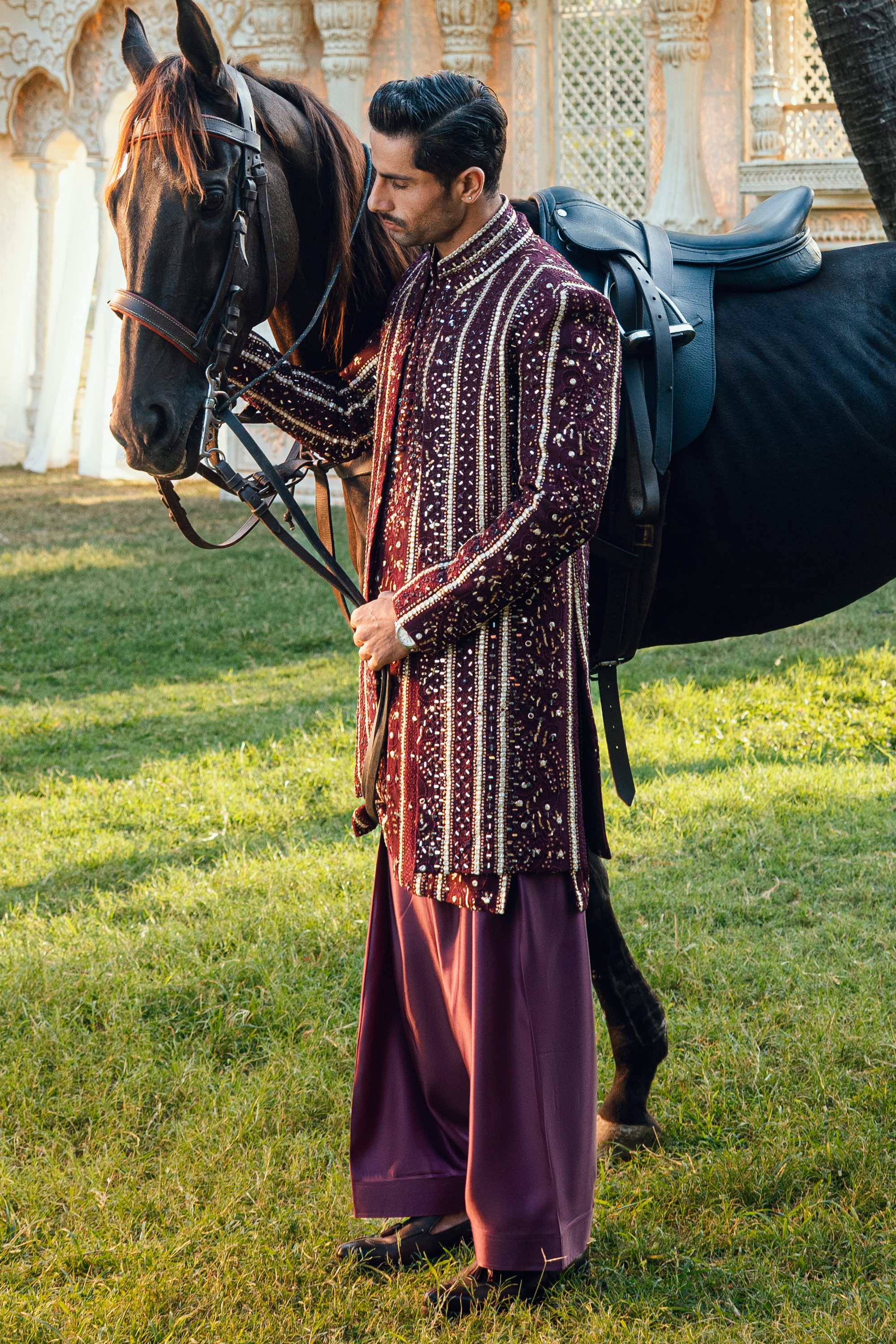 ER - 115 Dark Burgundy Embroidered Open Sherwani Set