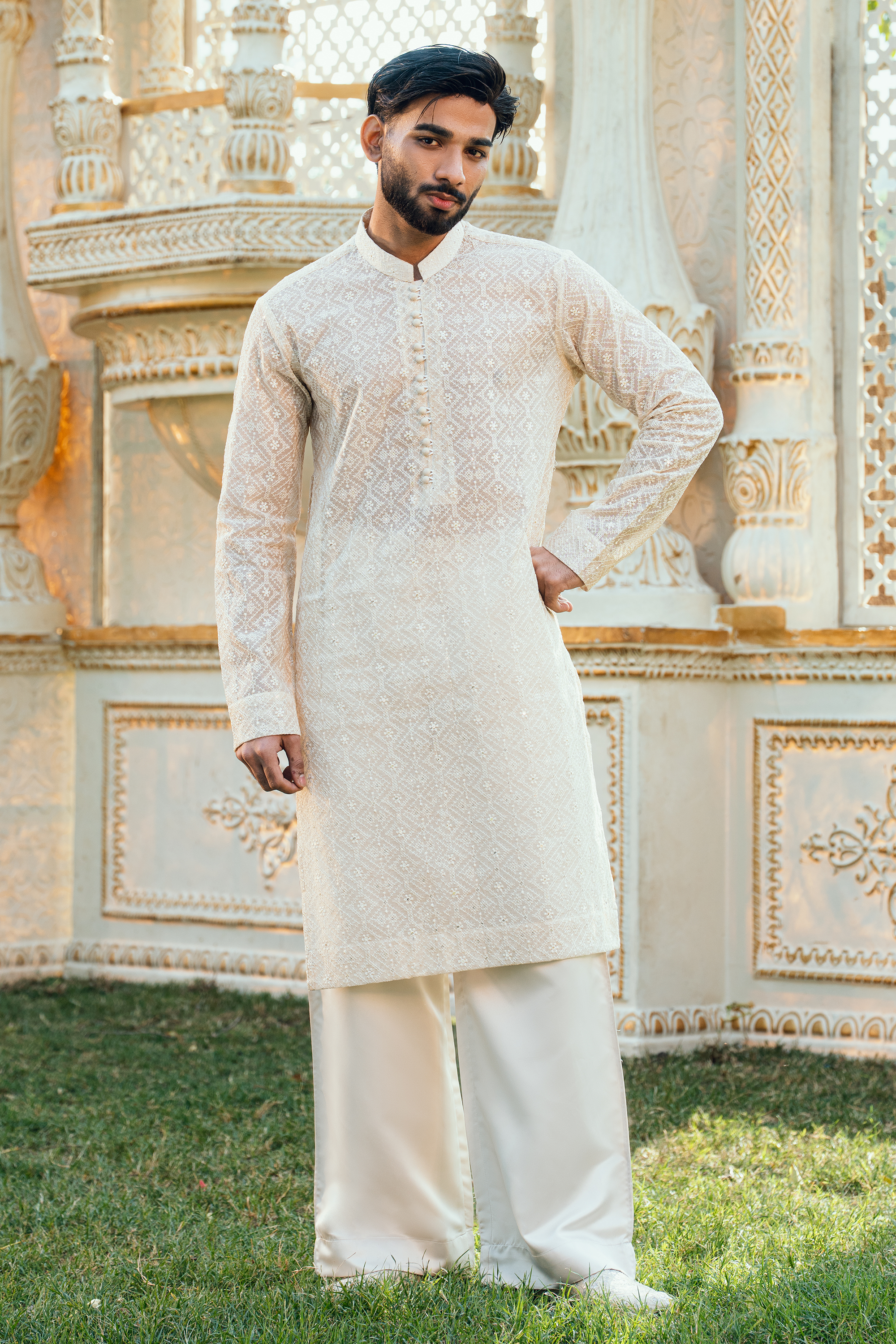 Pearl White & Sage Green Silk Embroidered Kurta Pajama Set