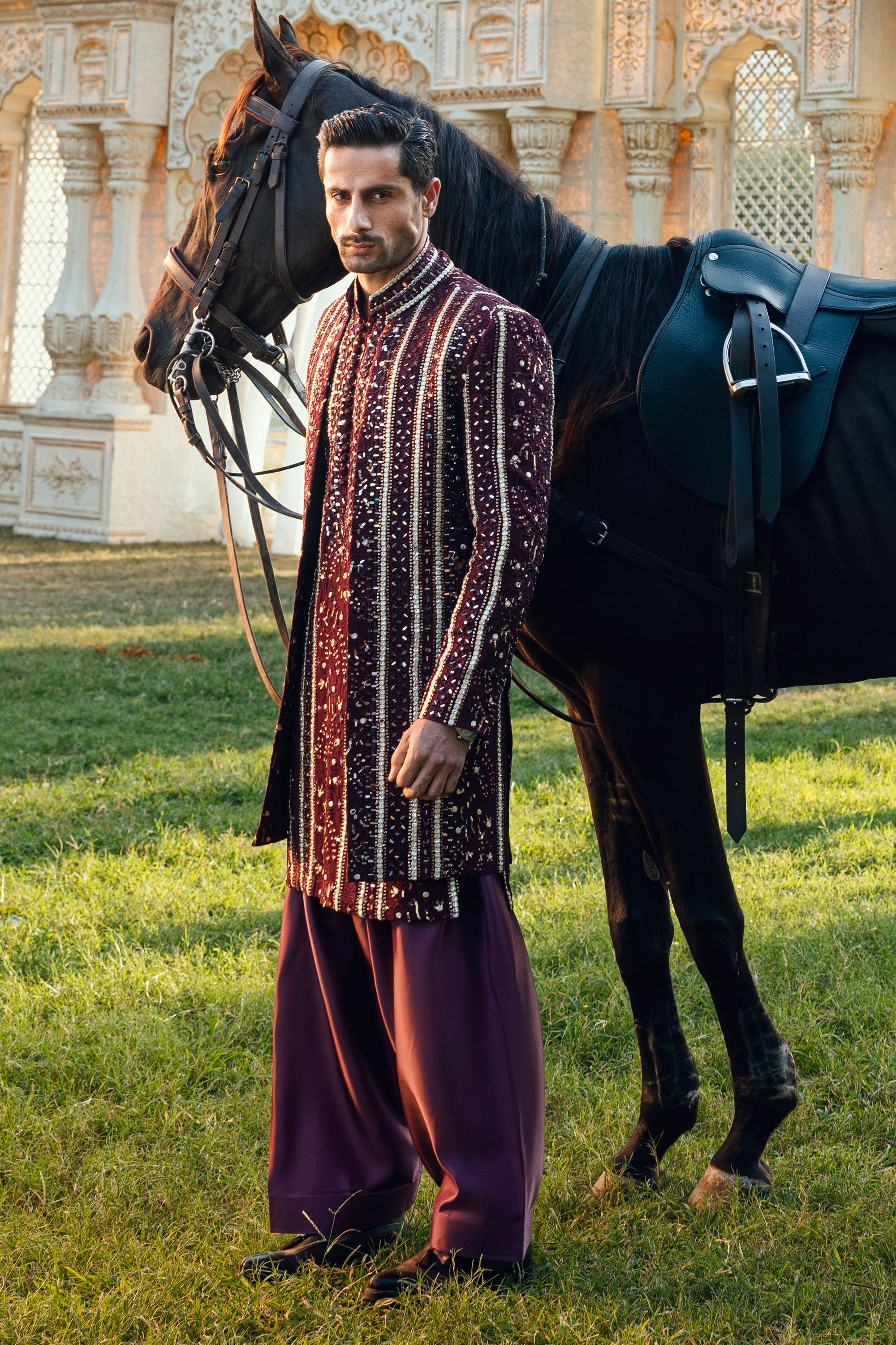 ER - 115 Dark Burgundy Embroidered Open Sherwani Set
