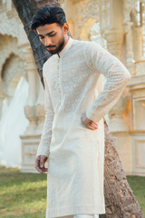 Pearl White & Sage Green Silk Embroidered Kurta Pajama Set