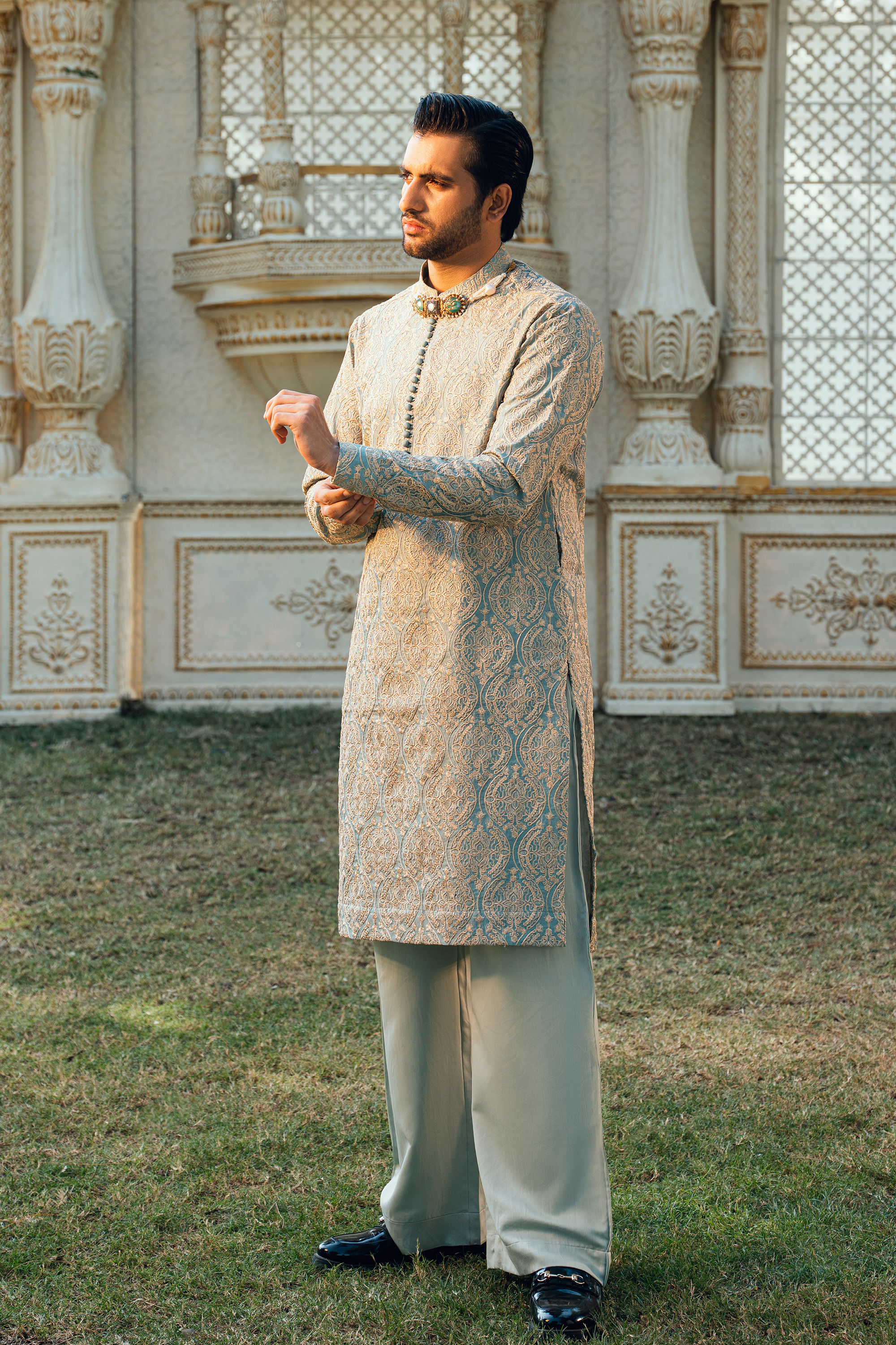 Sage Green Silk Embroidered Kurta Pajama Set