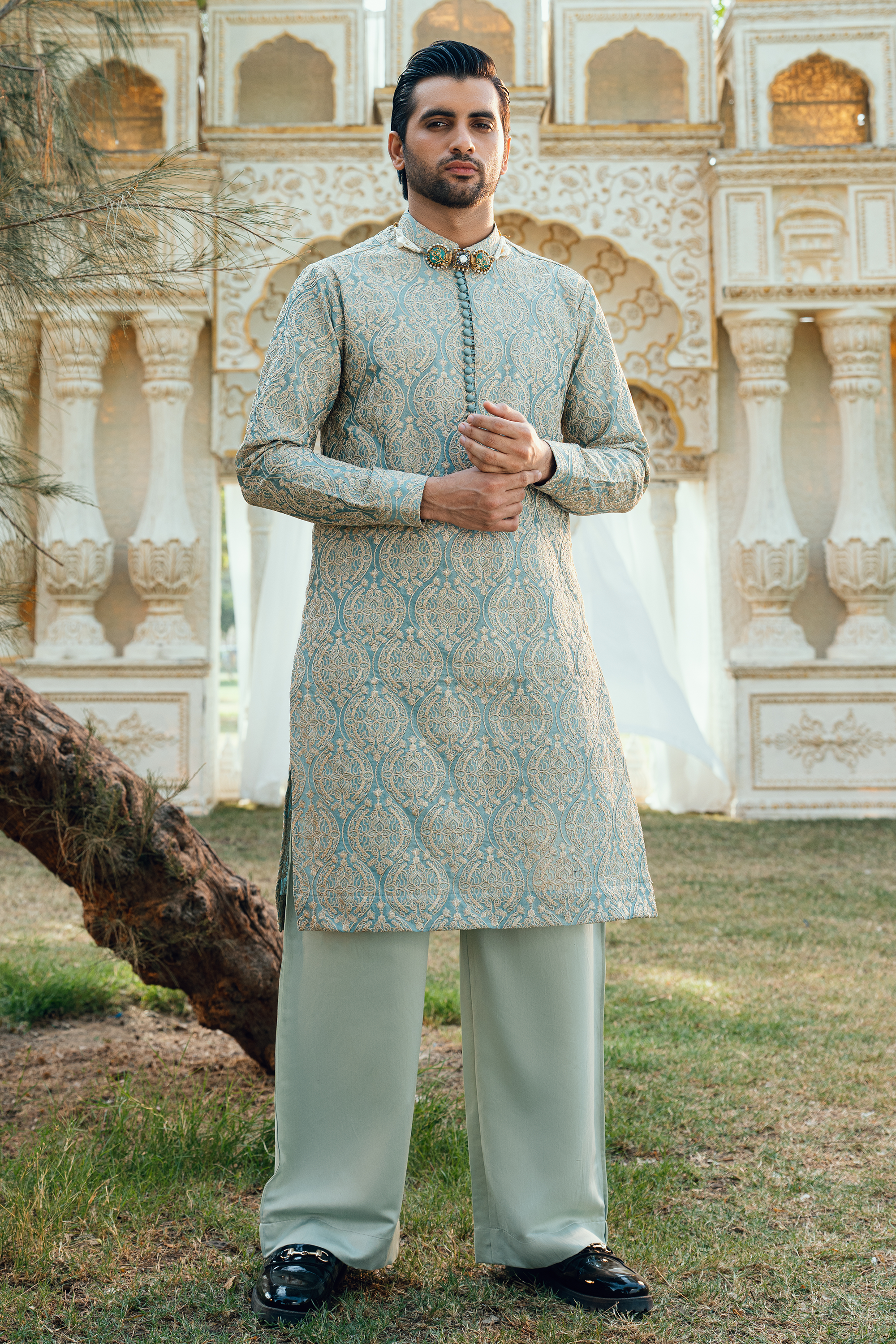 Sage Green Silk Embroidered Kurta Pajama Set