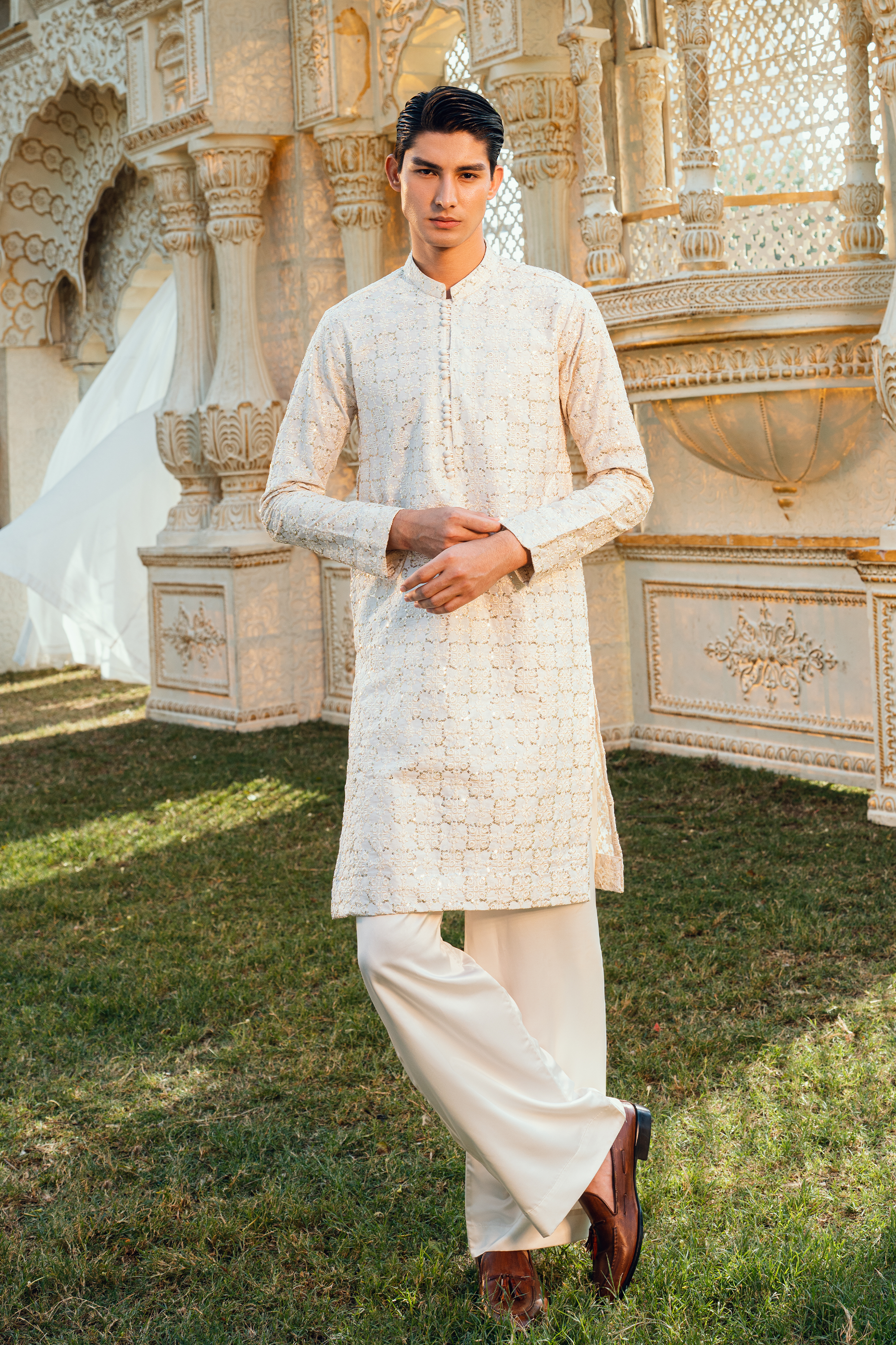 Pearl White Tropical Silk Embroidered Kurta Pajama Set