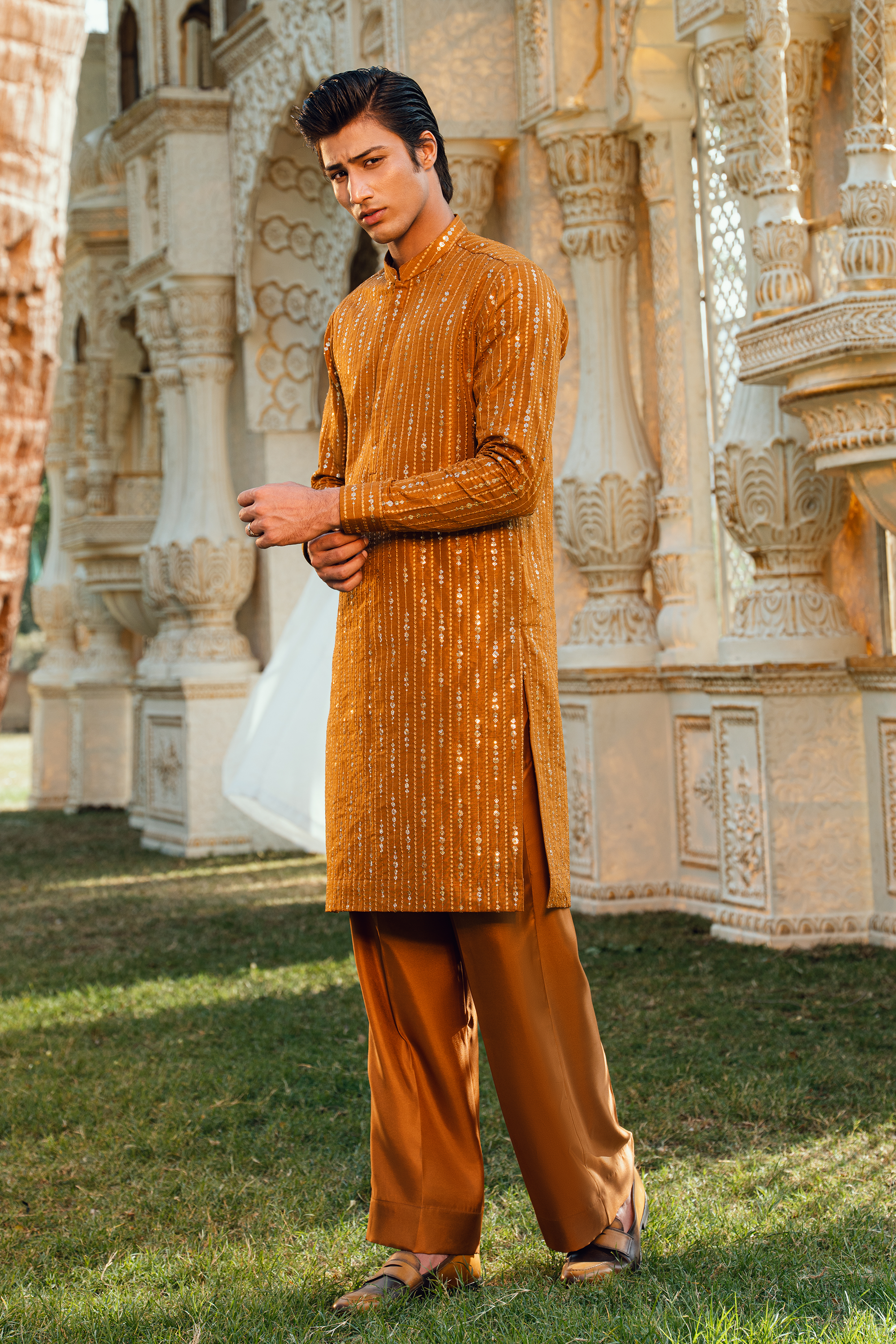 Ochre Mustard & Flaxen Gold Tropical Silk Embroidered Kurta Pajama Set