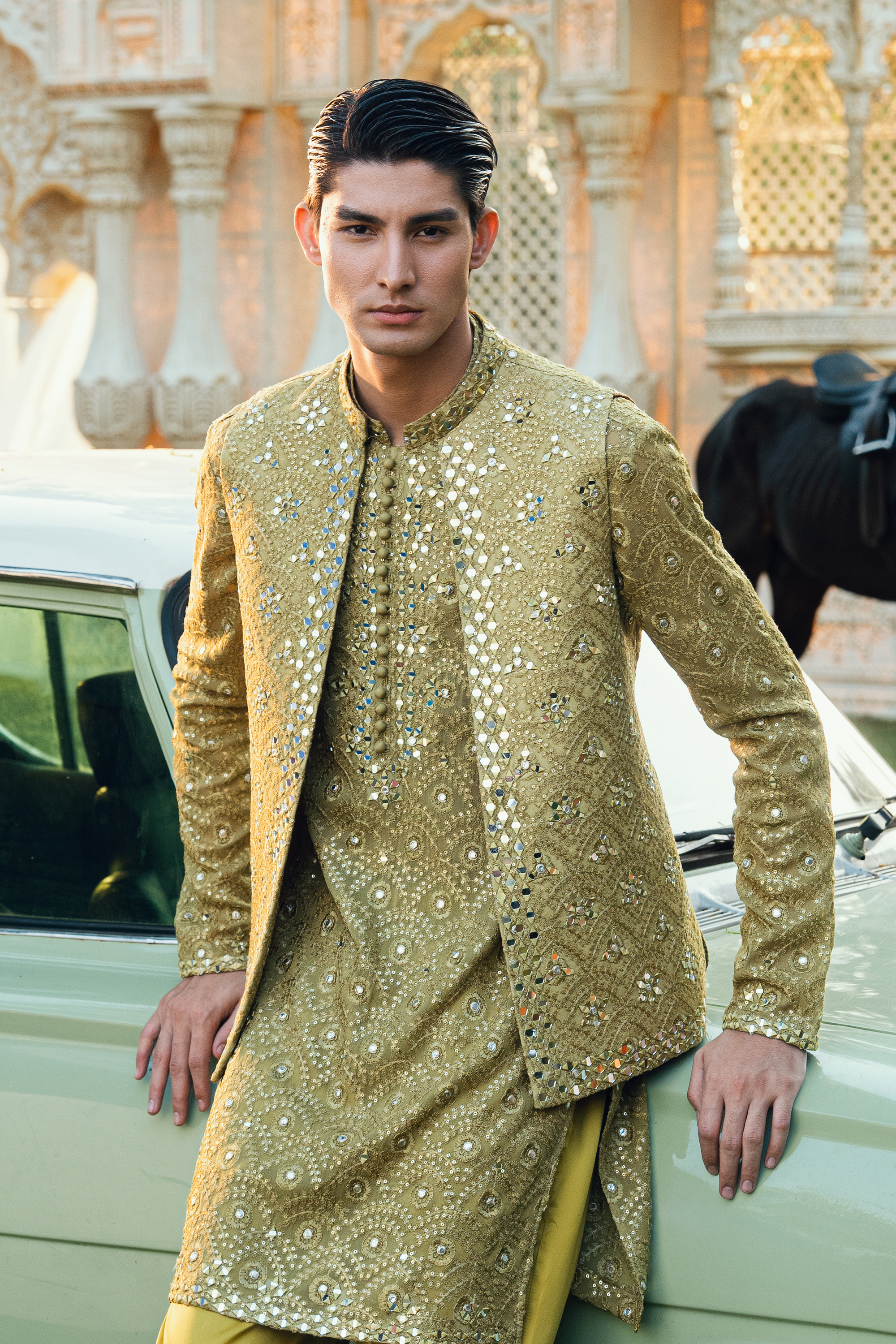 Olive Yellow Embroidered Open Waistcoat Set