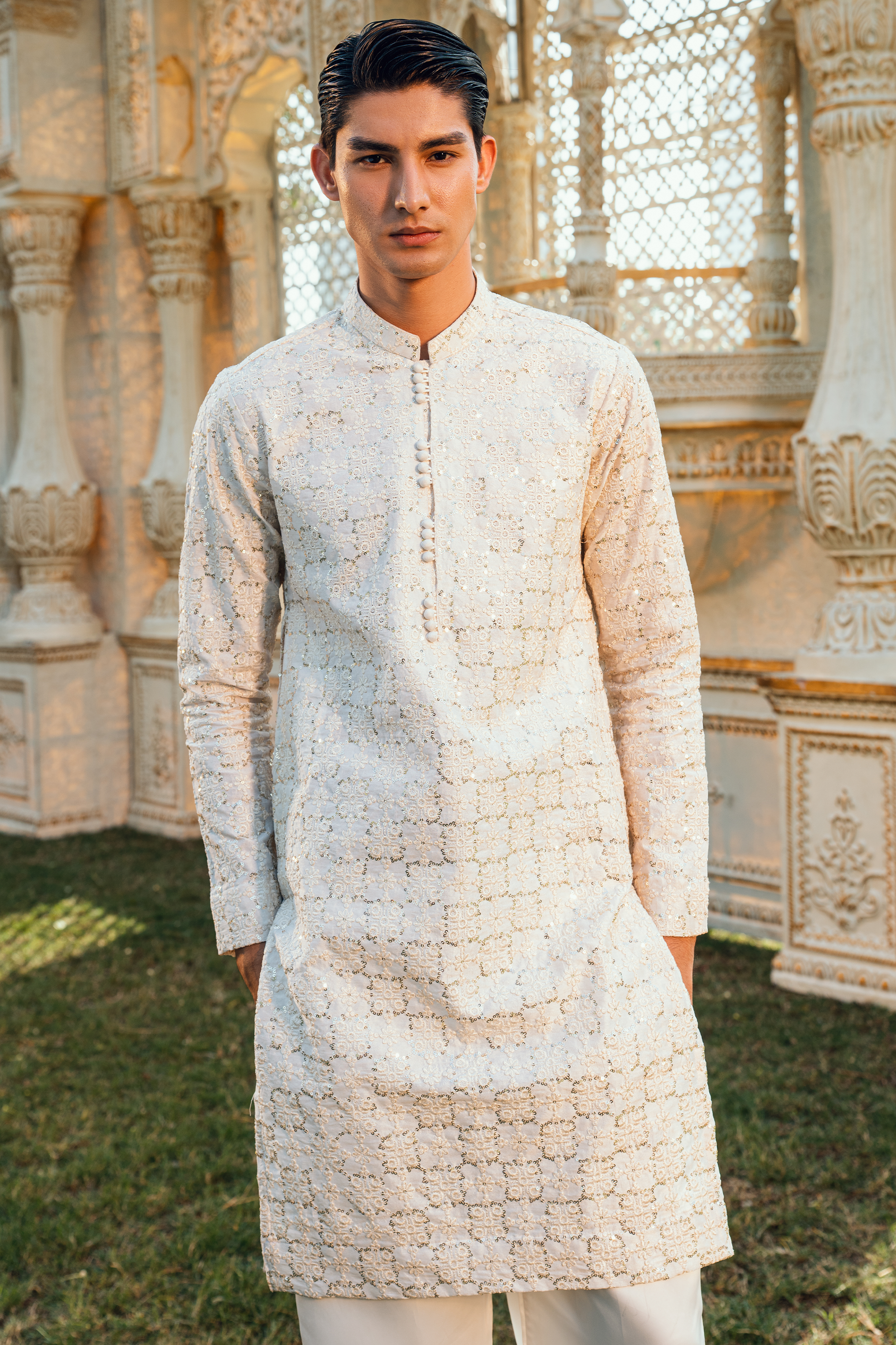 Pearl White Tropical Silk Embroidered Kurta Pajama Set
