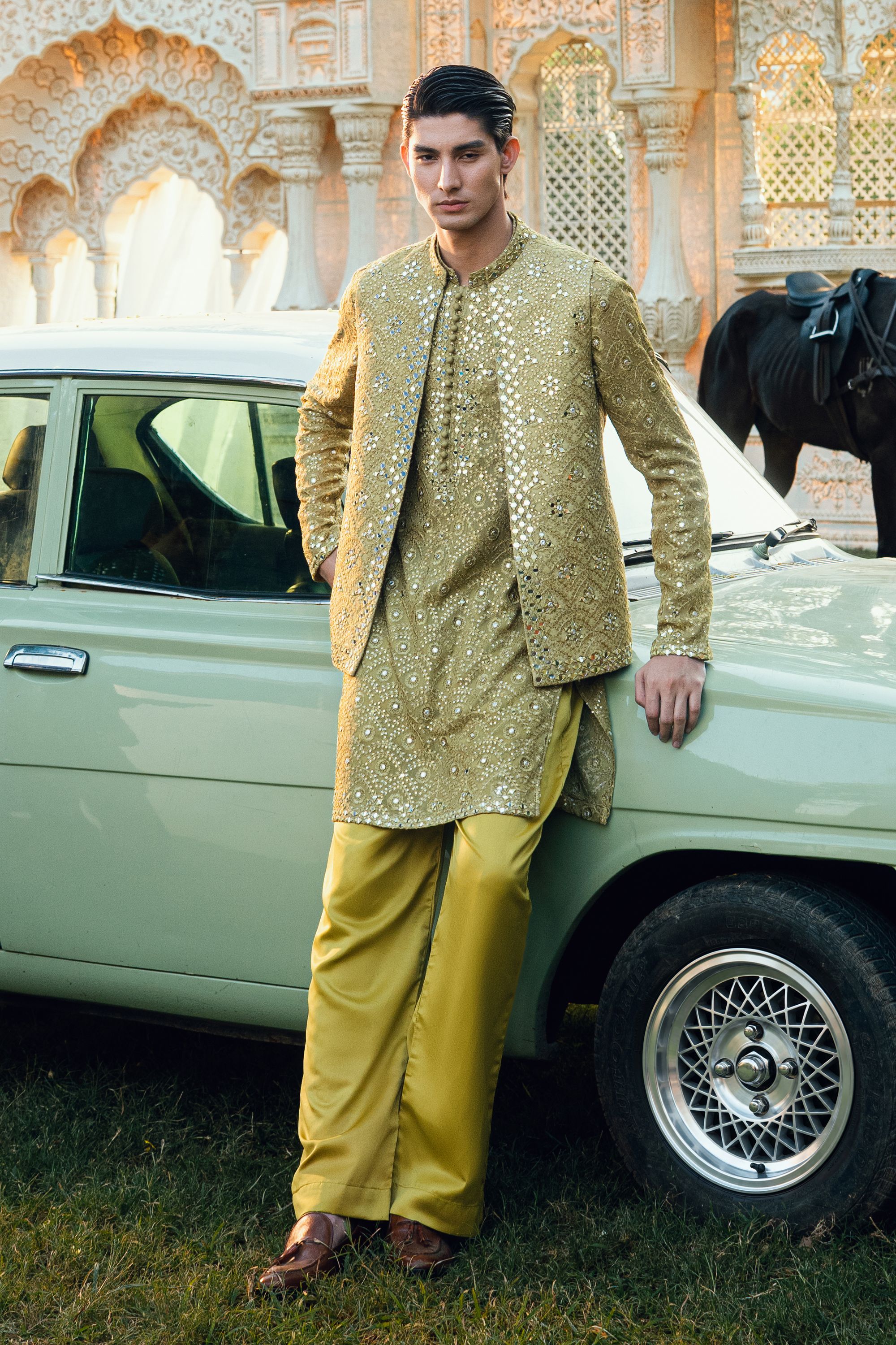 Olive Yellow Embroidered Open Waistcoat Set