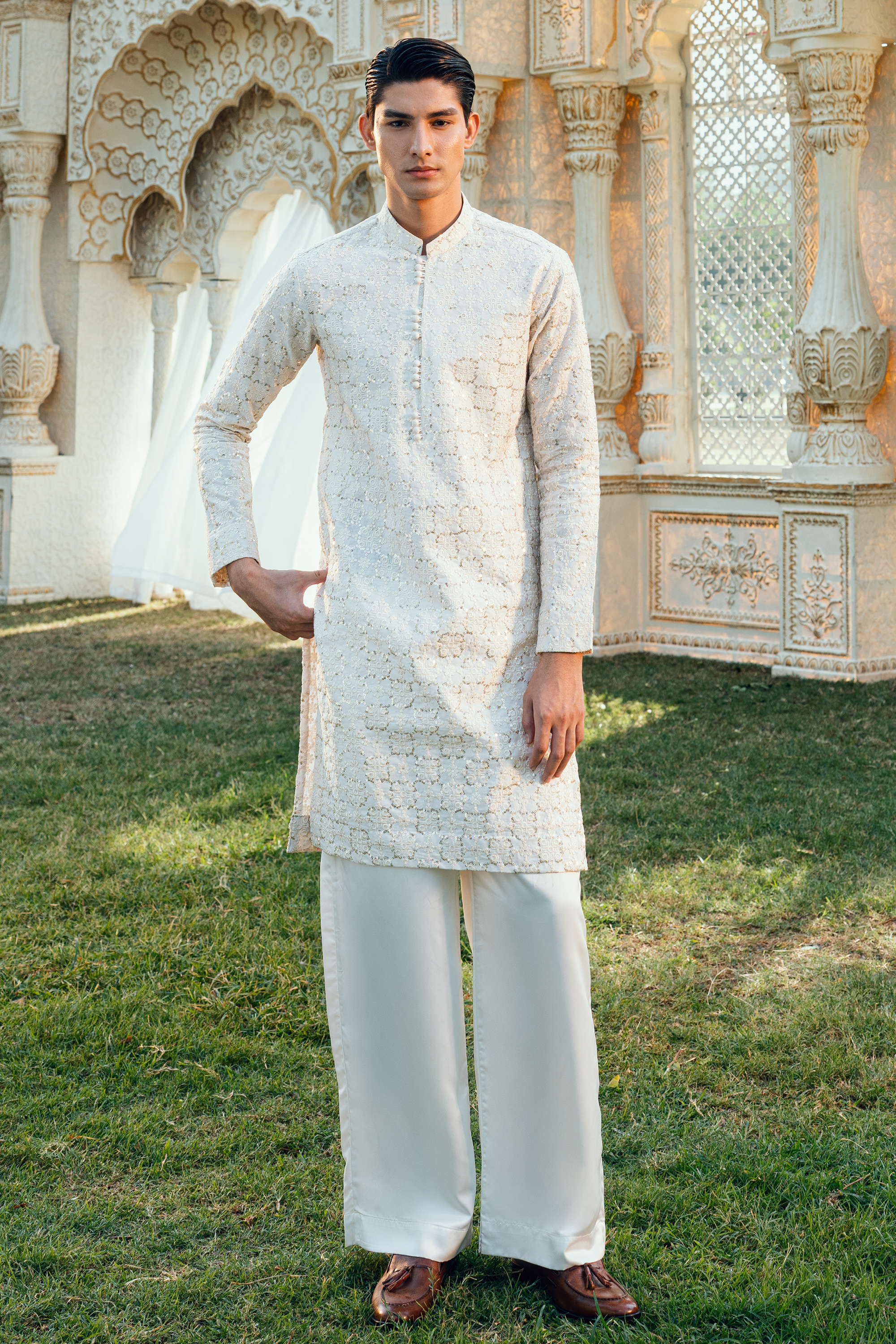 Pearl White Tropical Silk Embroidered Kurta Pajama Set