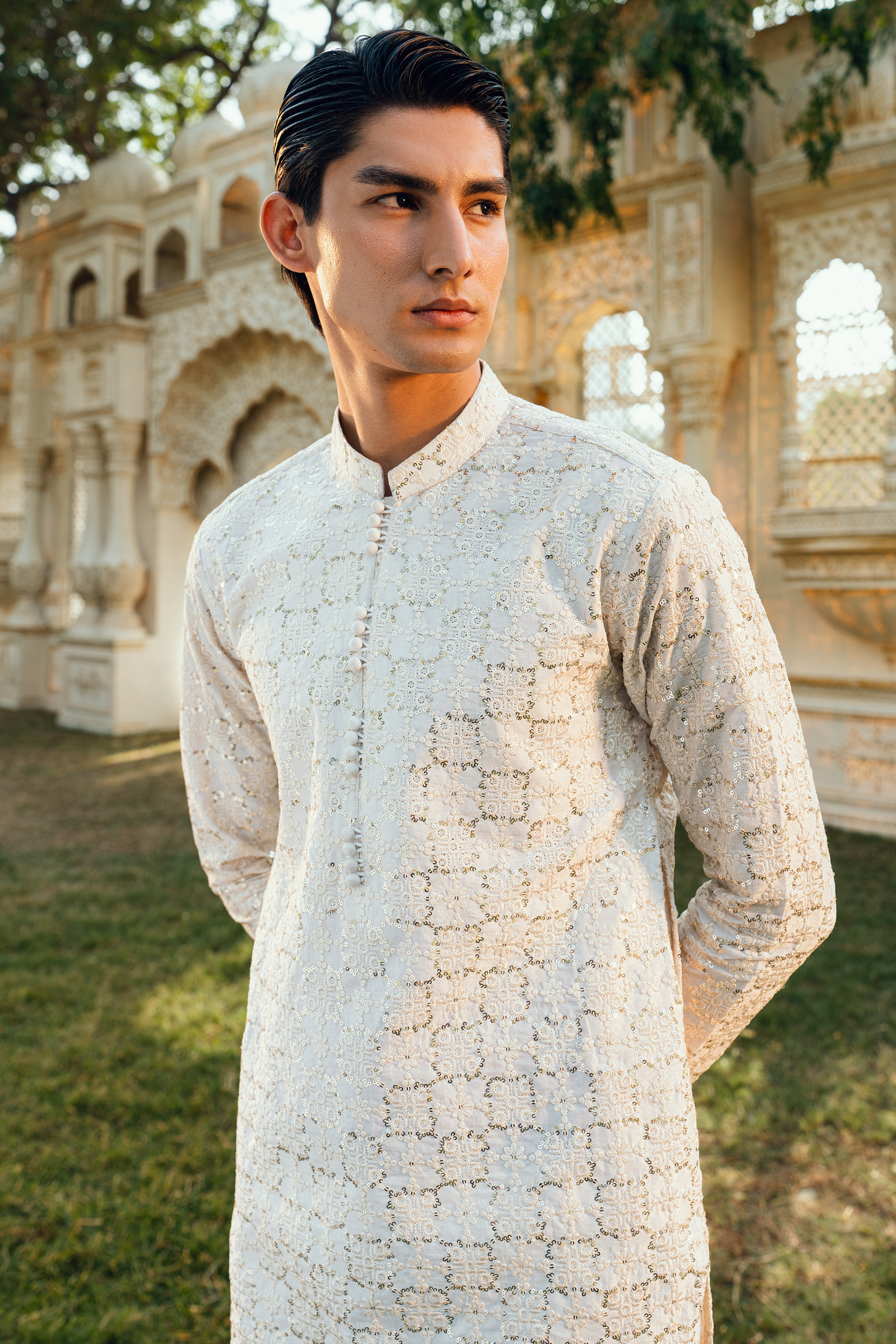 Pearl White Tropical Silk Embroidered Kurta Pajama Set