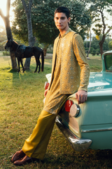 Olive Yellow Embroidered Open Waistcoat Set