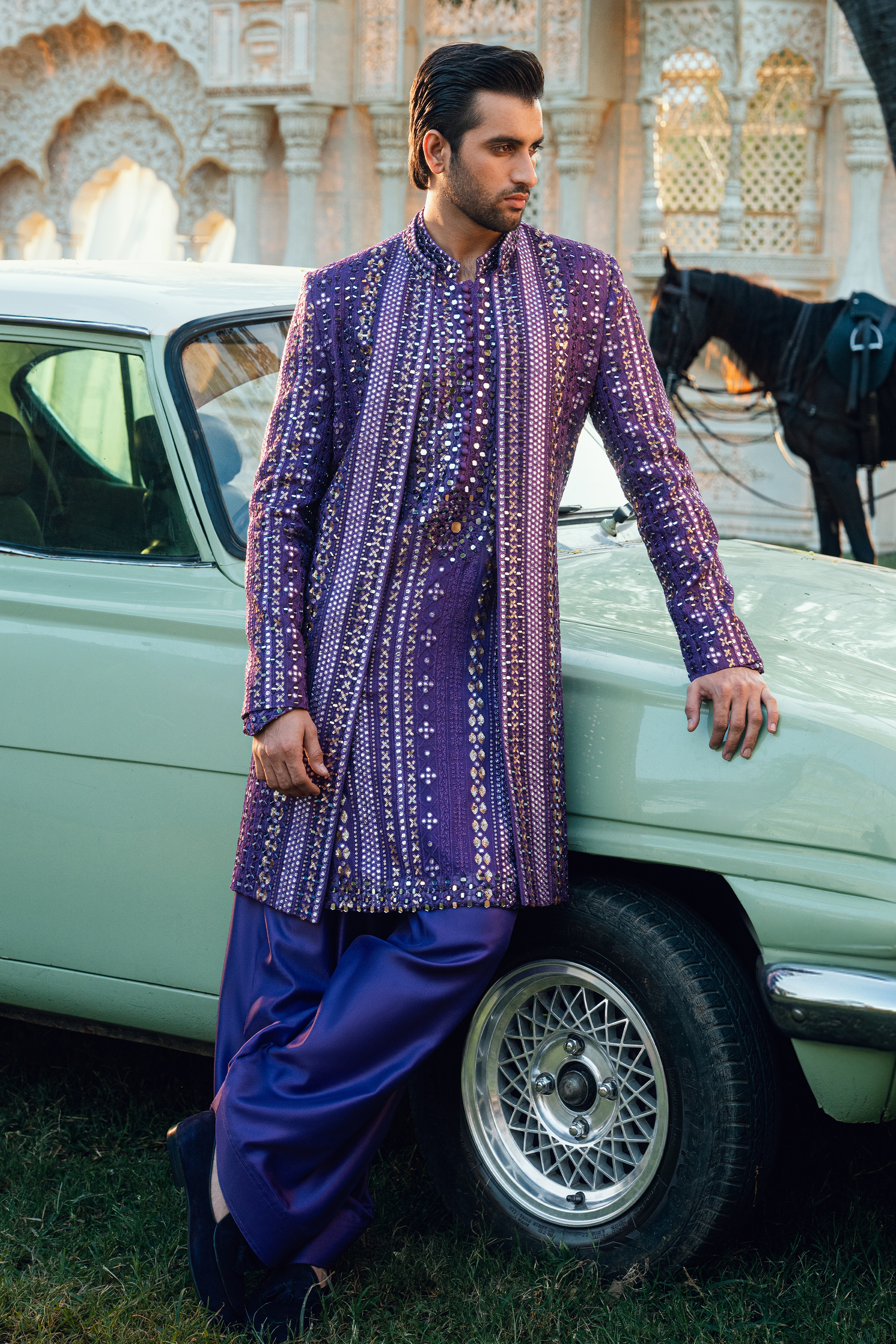 ER - 116 Orchid Purple Embroidered Open Sherwani Set