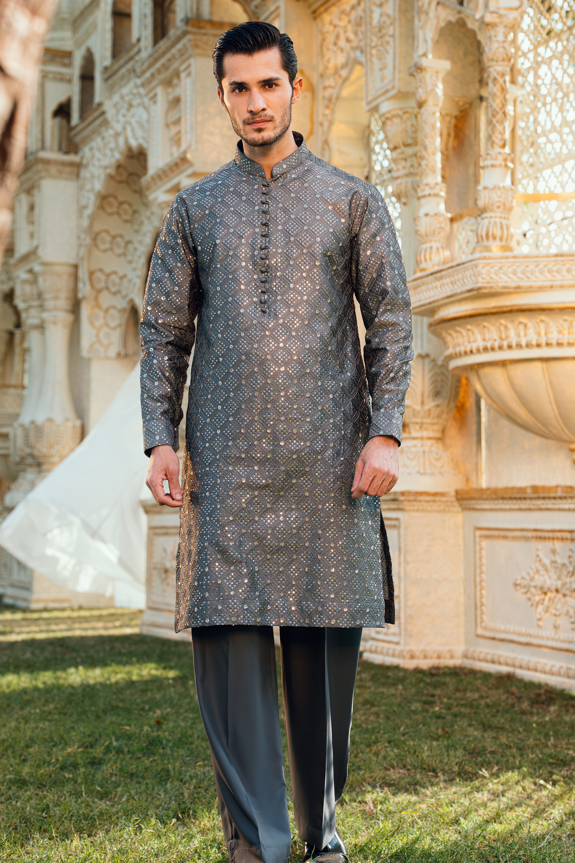 Steel Grey Tropical Silk Embroidered Kurta Pajama Set