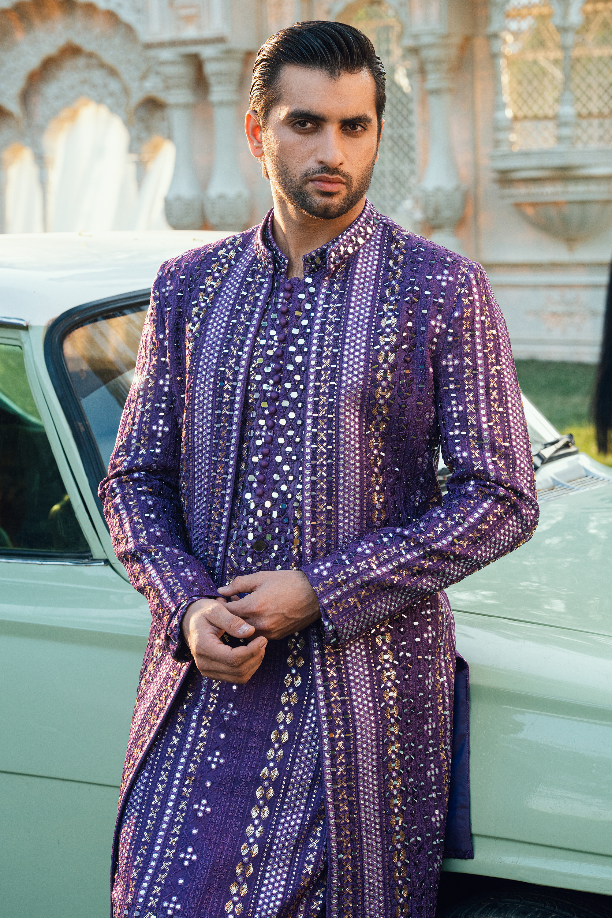 ER - 116 Orchid Purple Embroidered Open Sherwani Set