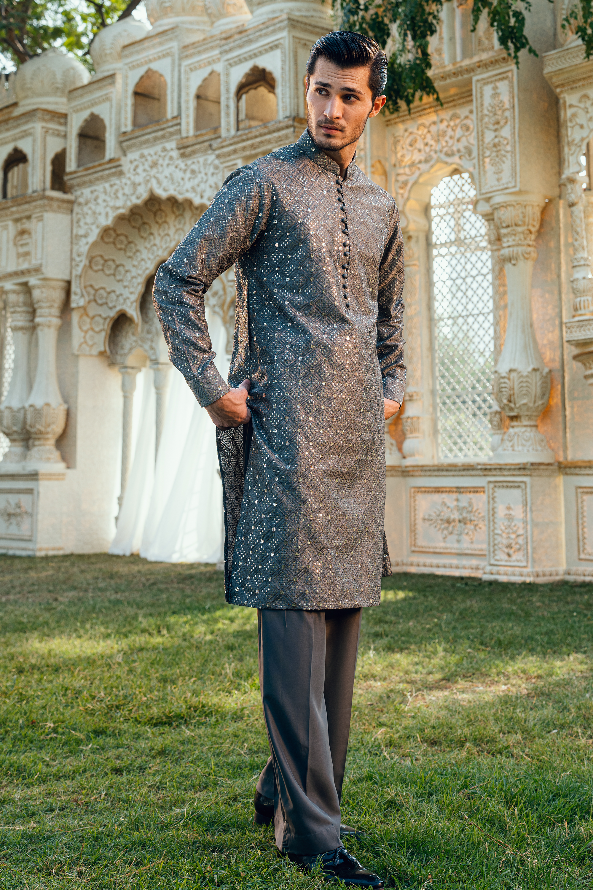 Steel Grey Tropical Silk Embroidered Kurta Pajama Set