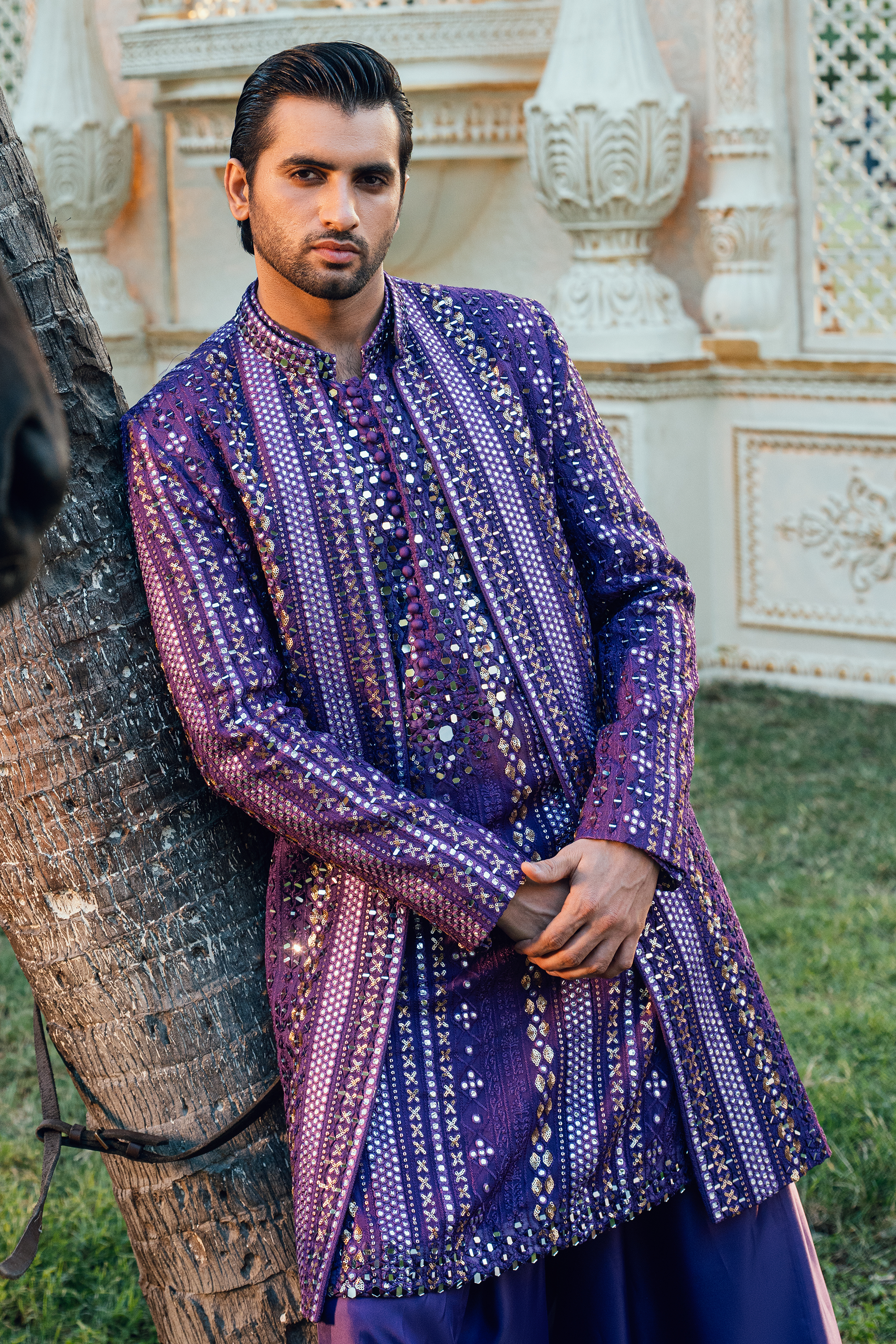ER - 116 Orchid Purple Embroidered Open Sherwani Set