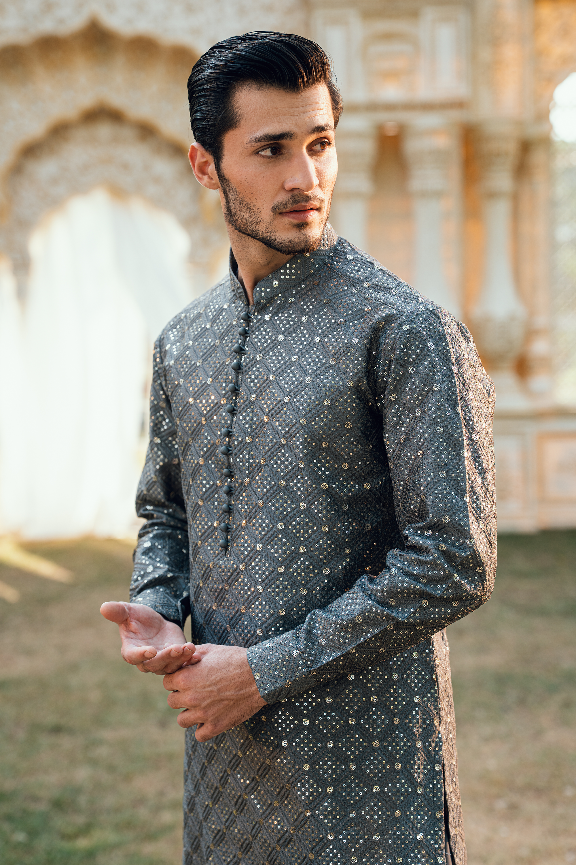 Steel Grey Tropical Silk Embroidered Kurta Pajama Set