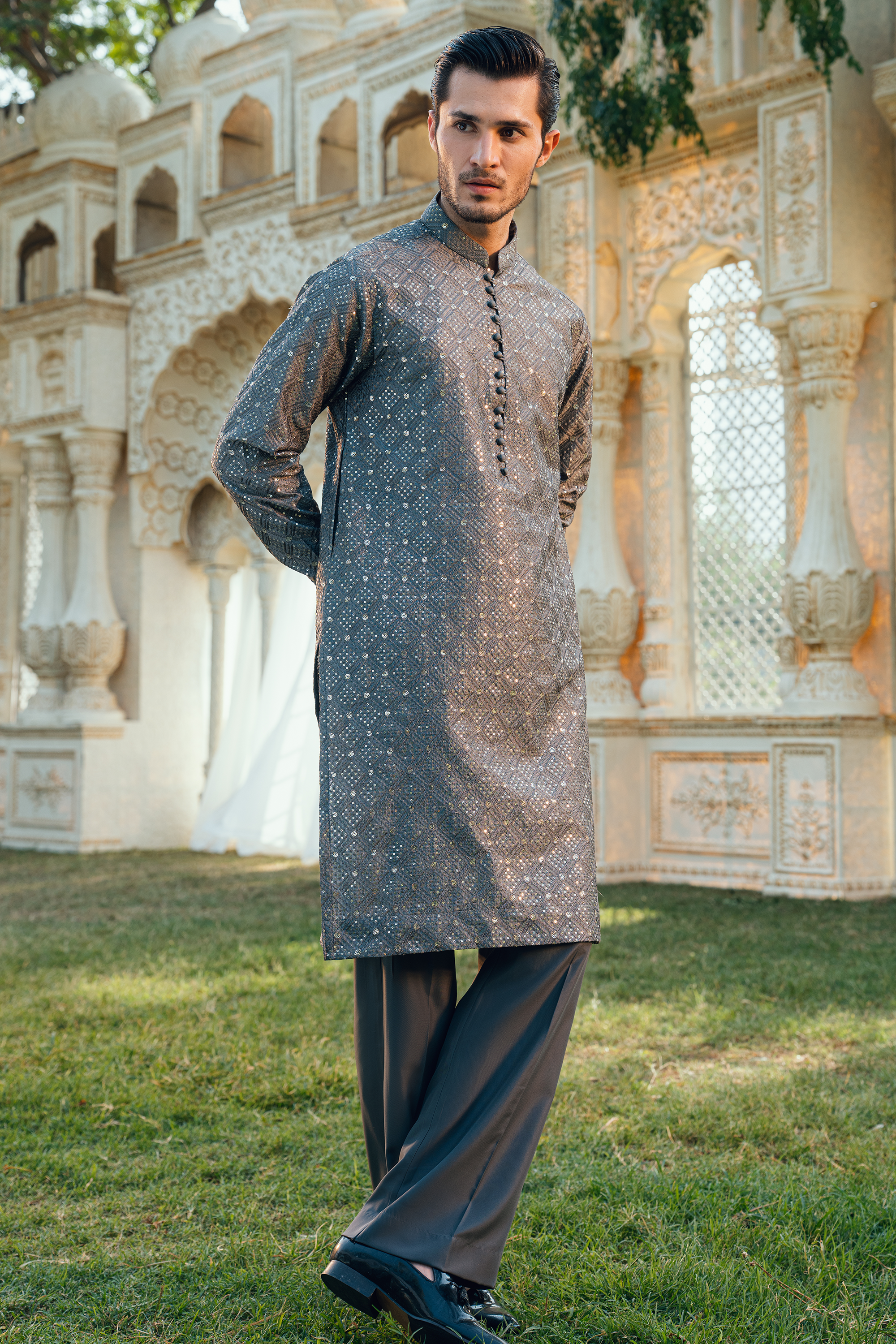Steel Grey Tropical Silk Embroidered Kurta Pajama Set