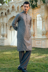 Steel Grey Tropical Silk Embroidered Kurta Pajama Set