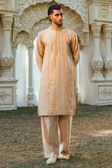 Flaxen Gold Tropical Silk Embroidered Kurta Pajama Set