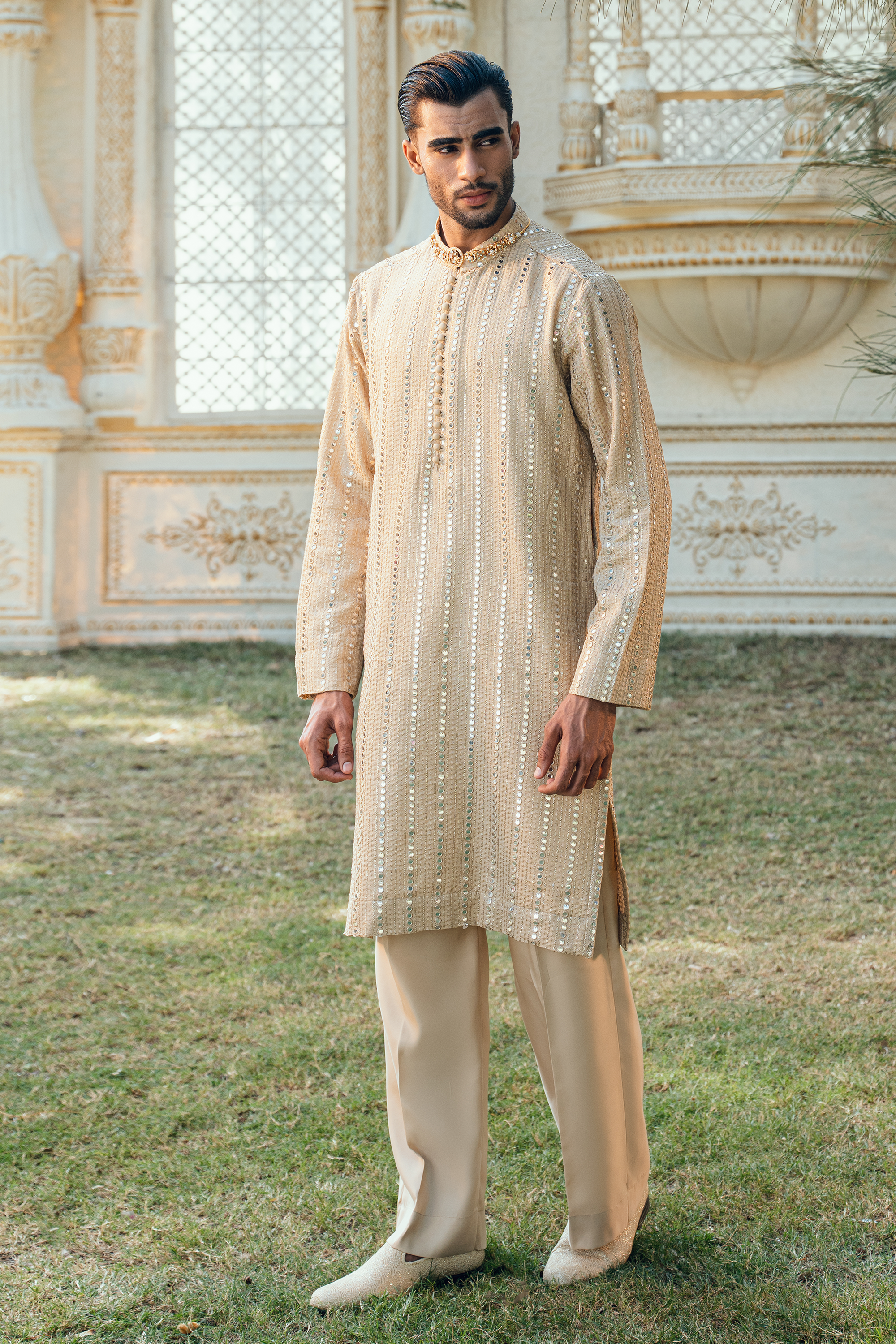 Flaxen Gold Tropical Silk Embroidered Kurta Pajama Set